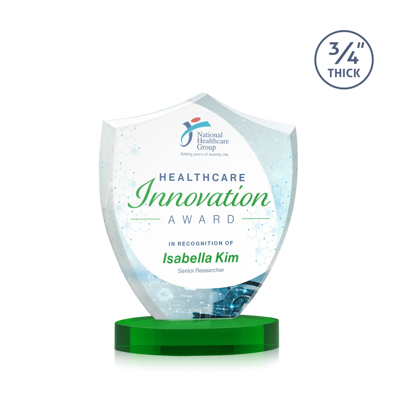 Custom printed Starfire Crystal Shield Award on Rounded Oval Base, awards for corporate award ceremonies