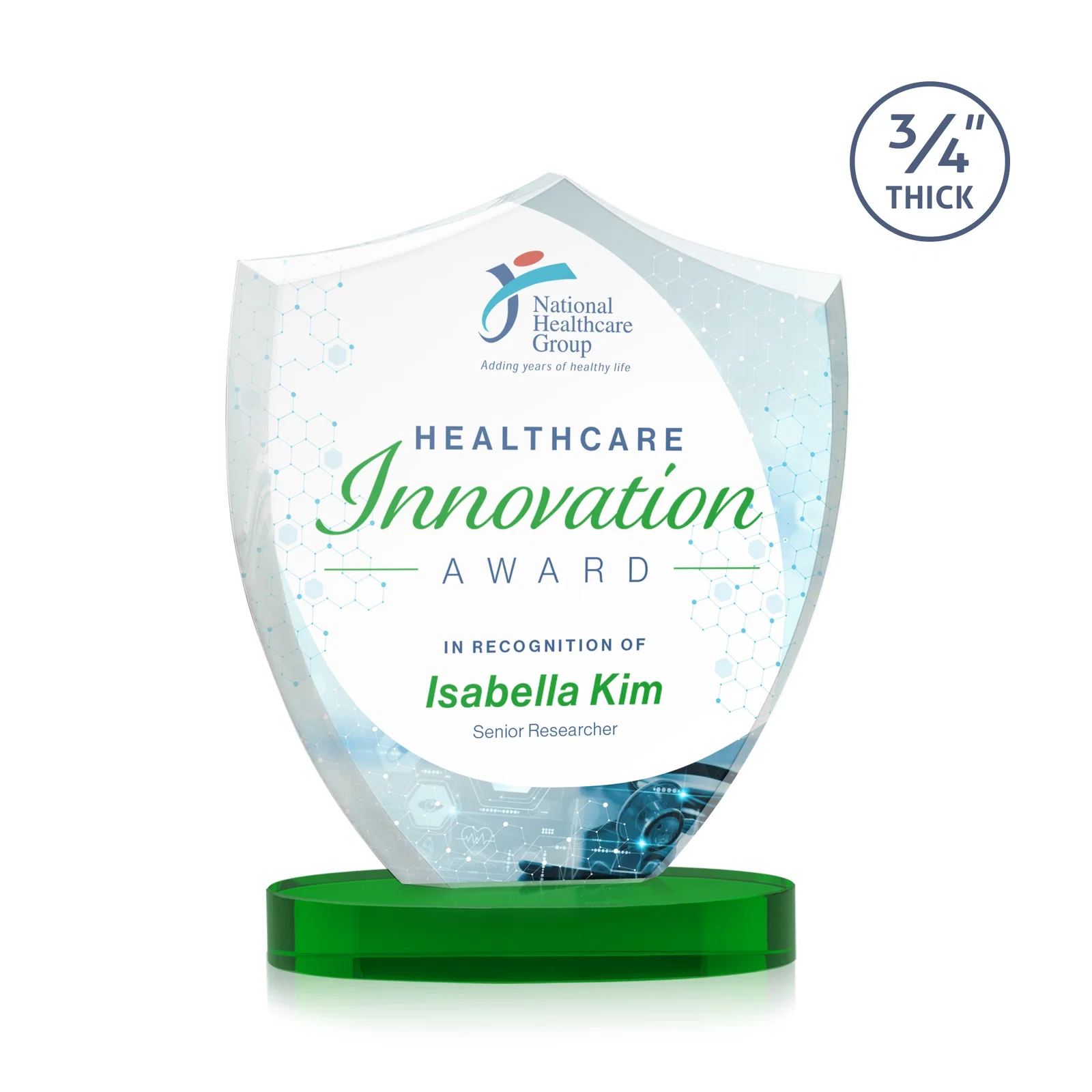 Custom printed Starfire Crystal Shield Award on Rounded Oval Base, awards for service anniversary gifts