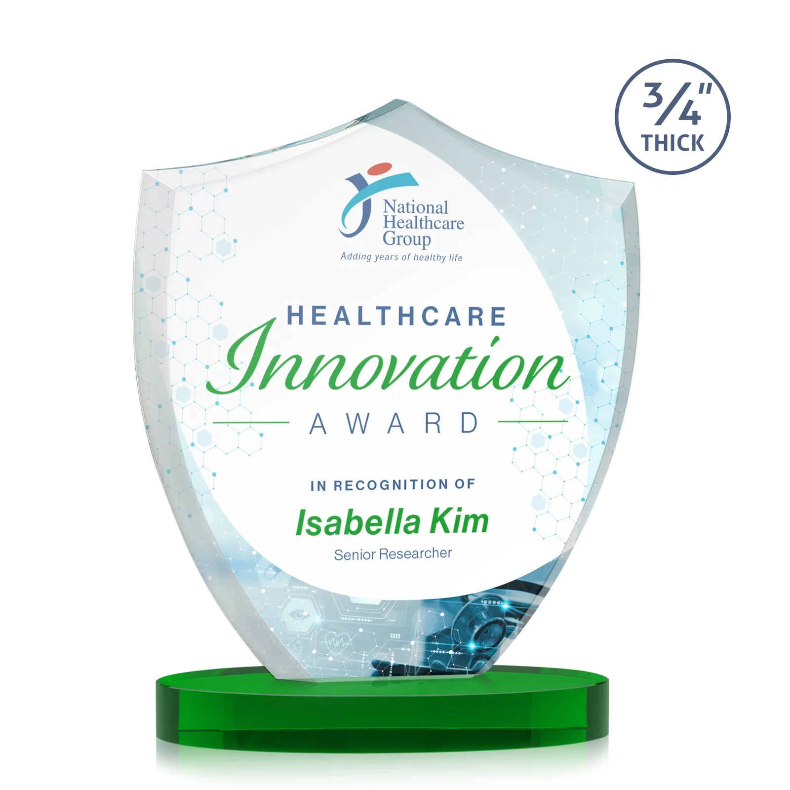 Custom printed Starfire Crystal Shield Award on Rounded Oval Base, awards for sales achievement awards