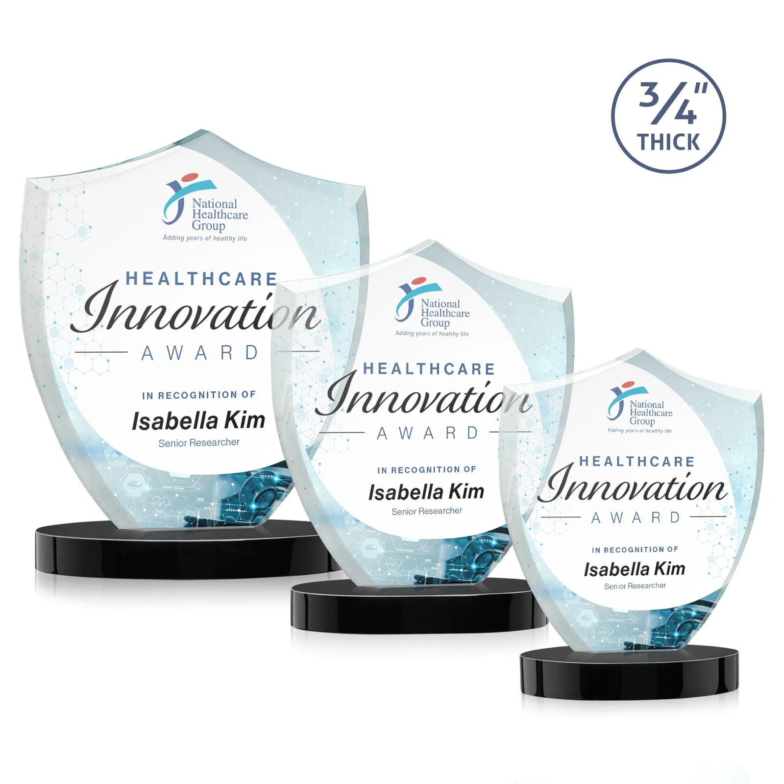 Custom printed Starfire Crystal Shield Award on Rounded Oval Base, awards for retirement presentations