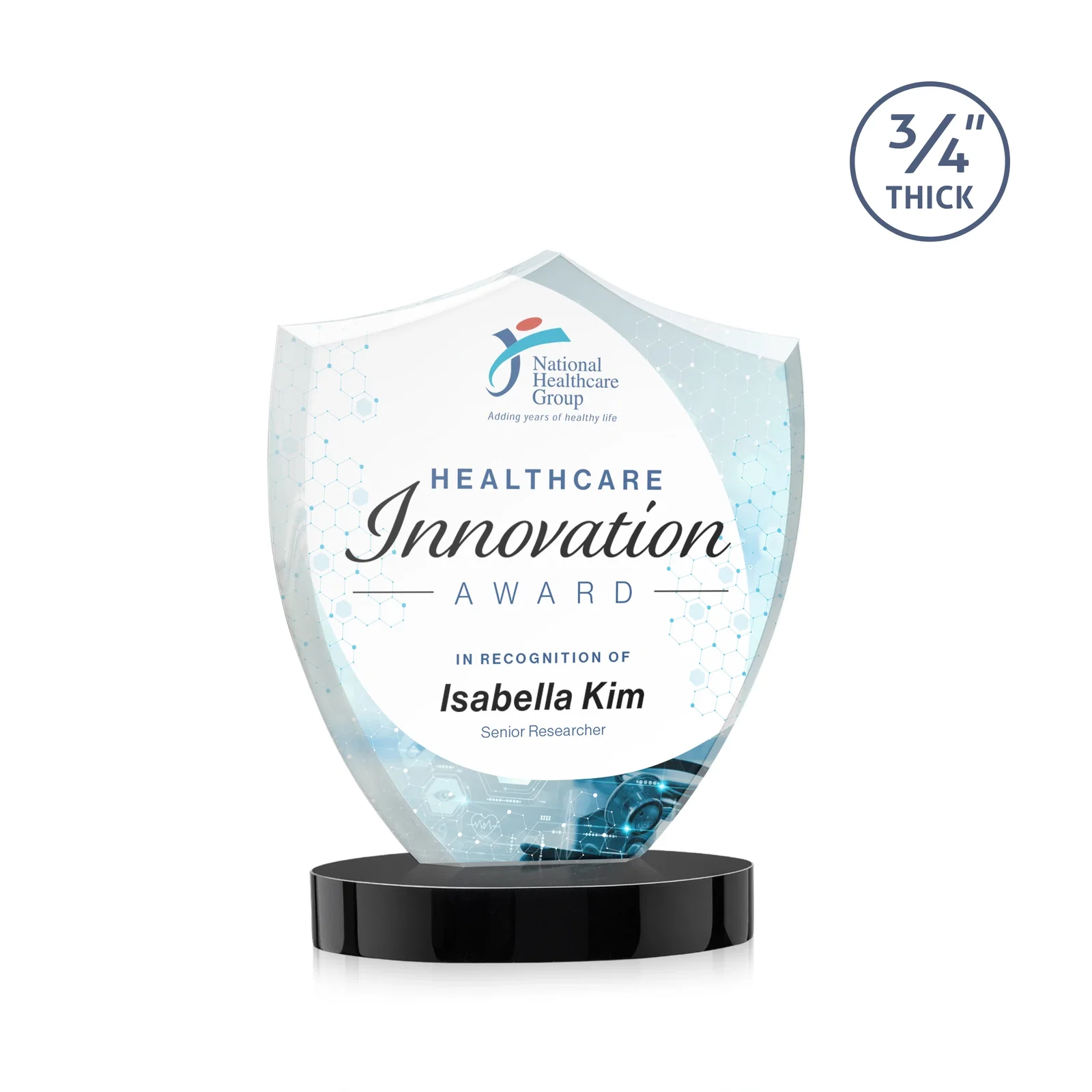 Custom printed Starfire Crystal Shield Award on Rounded Oval Base, awards for team milestone celebrations