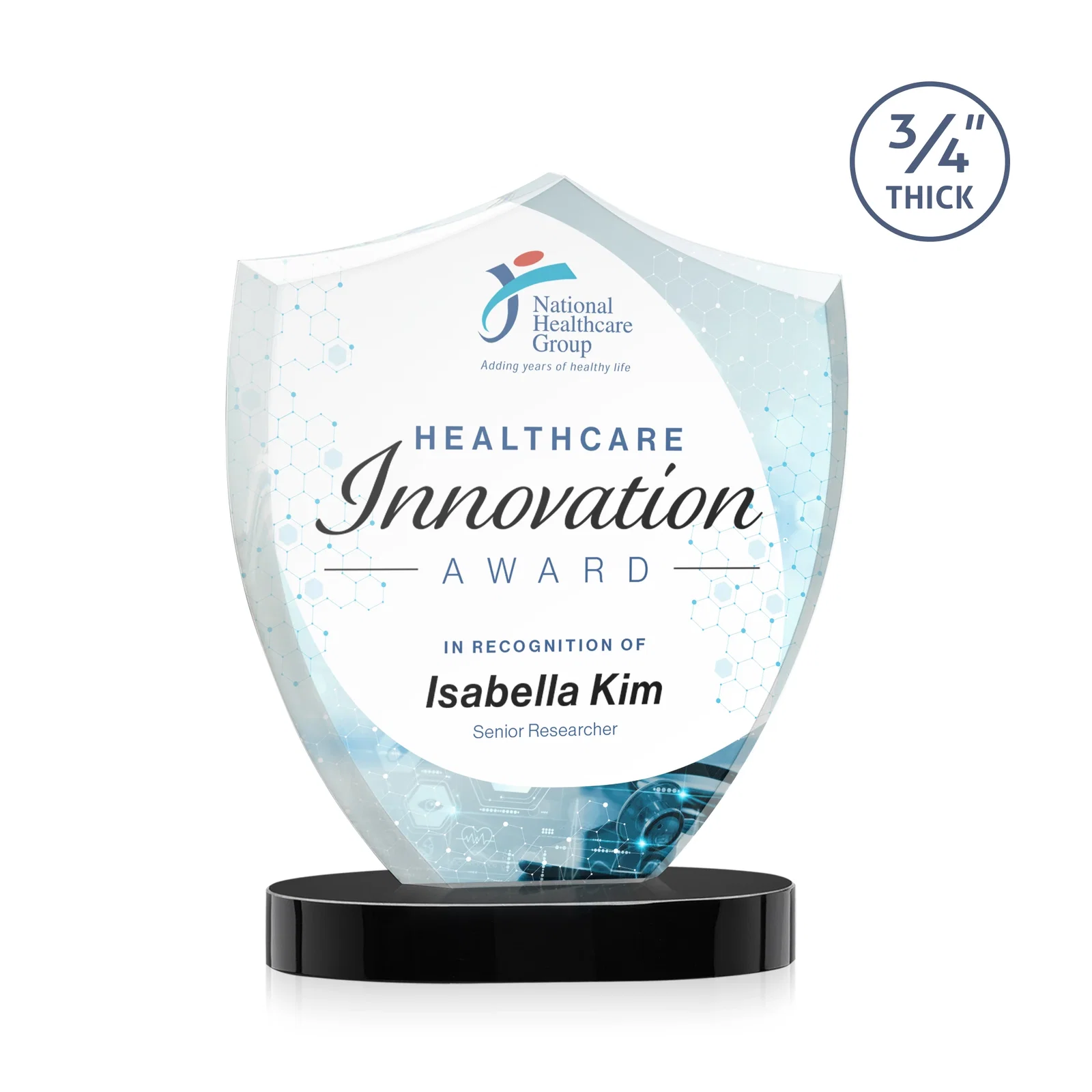 Custom printed Starfire Crystal Shield Award on Rounded Oval Base, awards for donor appreciation