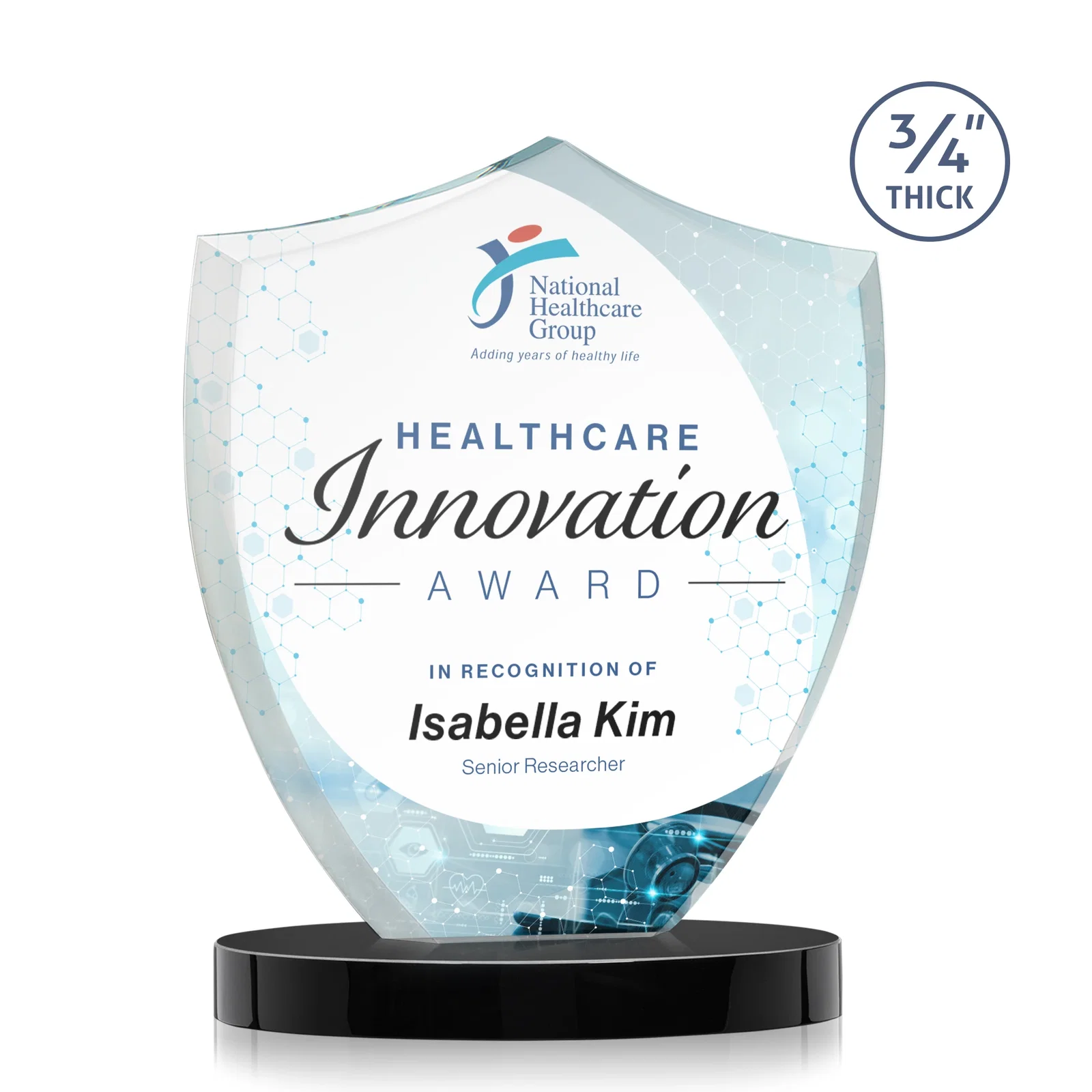 Custom printed Starfire Crystal Shield Award on Rounded Oval Base, awards for graduation ceremonies