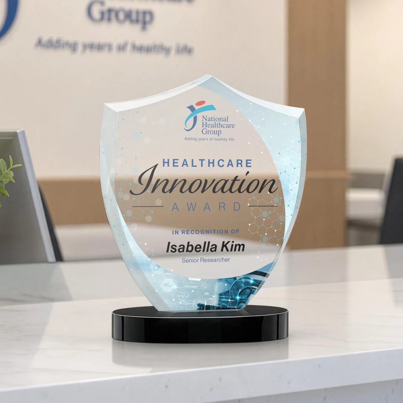 Custom printed Starfire Crystal Shield Award on Rounded Oval Base, awards for safety achievement programs