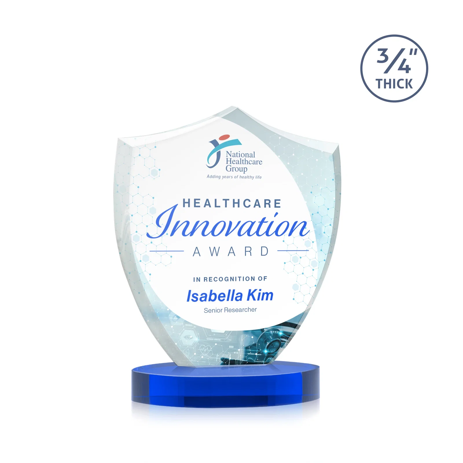 Custom printed Starfire Crystal Shield Award on Rounded Oval Base, awards for dealer and partner awards