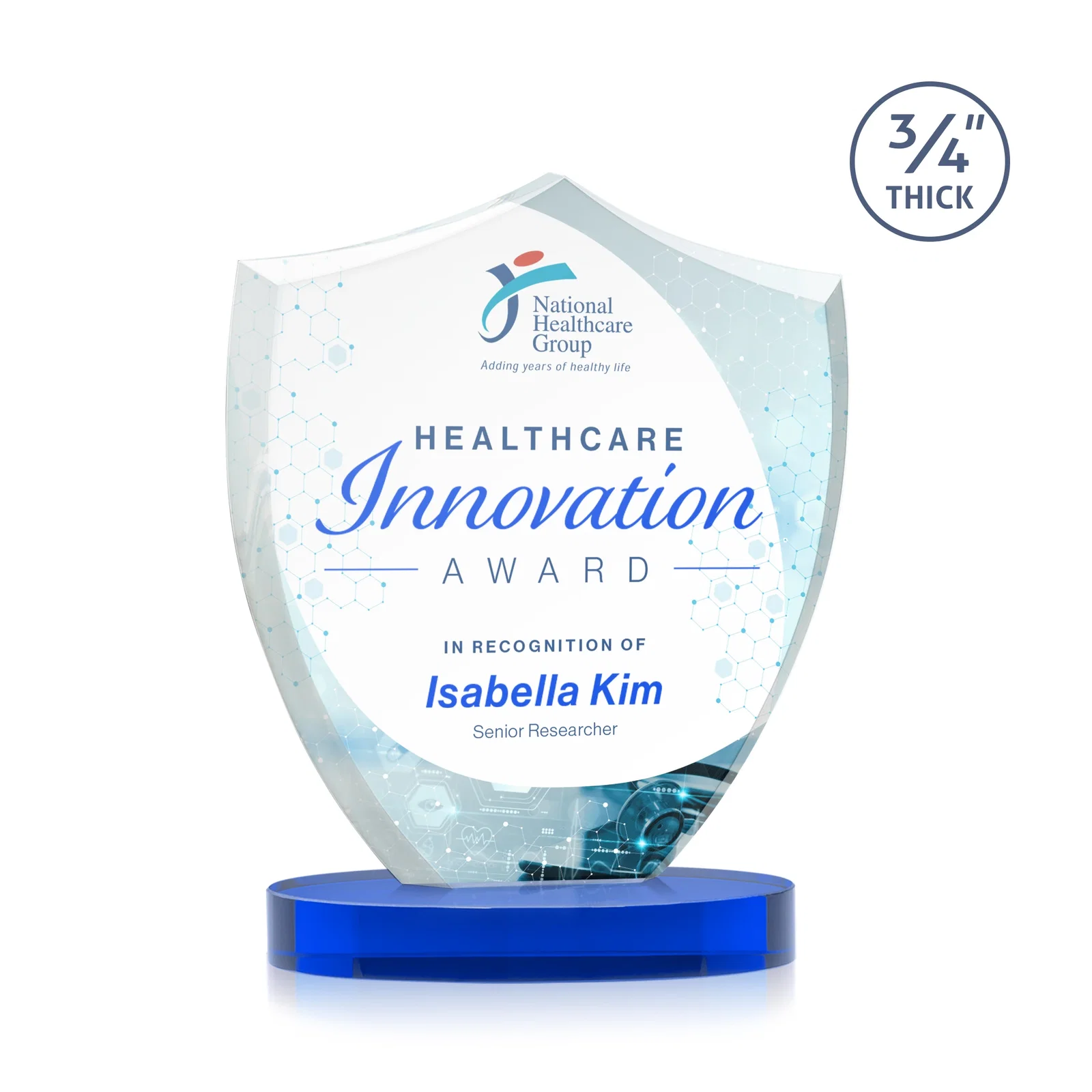 Custom printed Starfire Crystal Shield Award on Rounded Oval Base, awards for company anniversary events