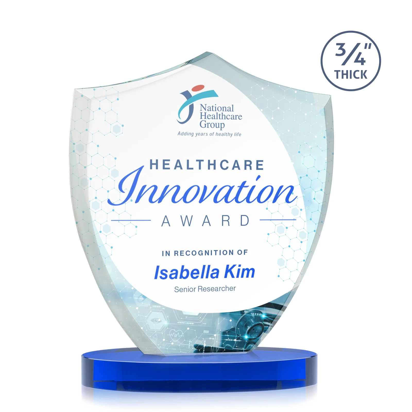 Customized Starfire Crystal Shield Award on Rounded Oval Base, awards for employee recognition