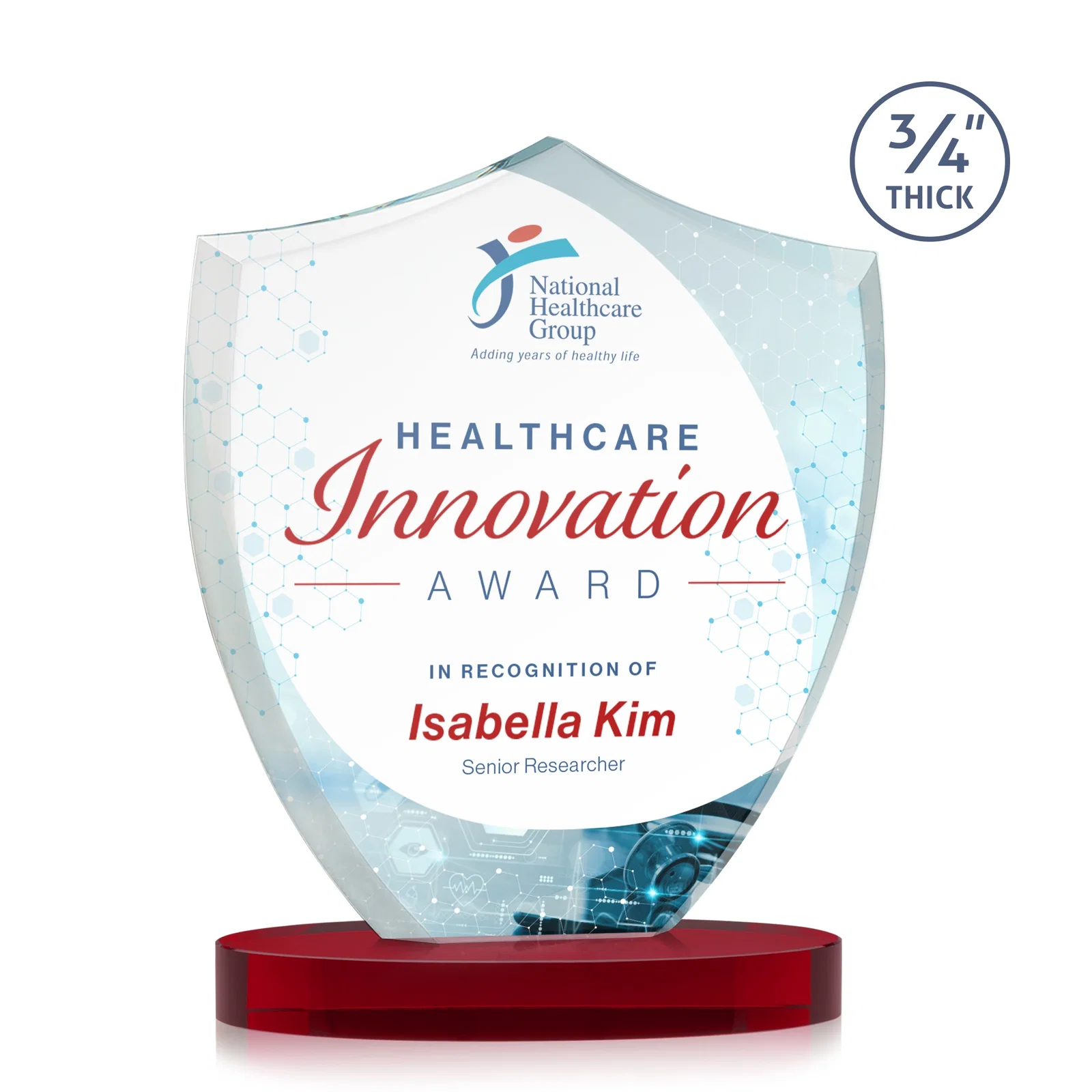 Customized Starfire Crystal Shield Award on Rounded Oval Base, awards for retirement presentations