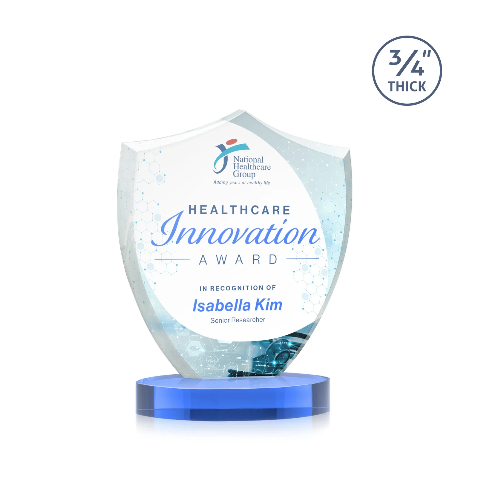 Customized Starfire Crystal Shield Award on Rounded Oval Base, awards for donor appreciation