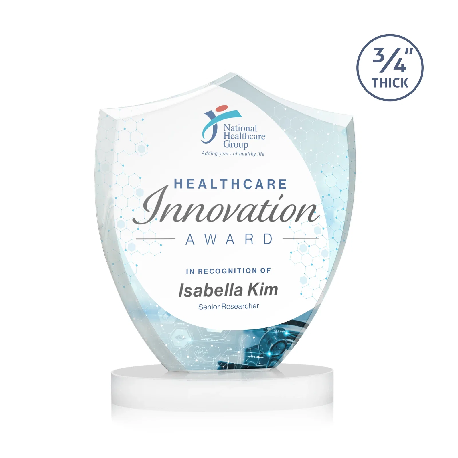 Customized Starfire Crystal Shield Award on Rounded Oval Base, awards for company anniversary events