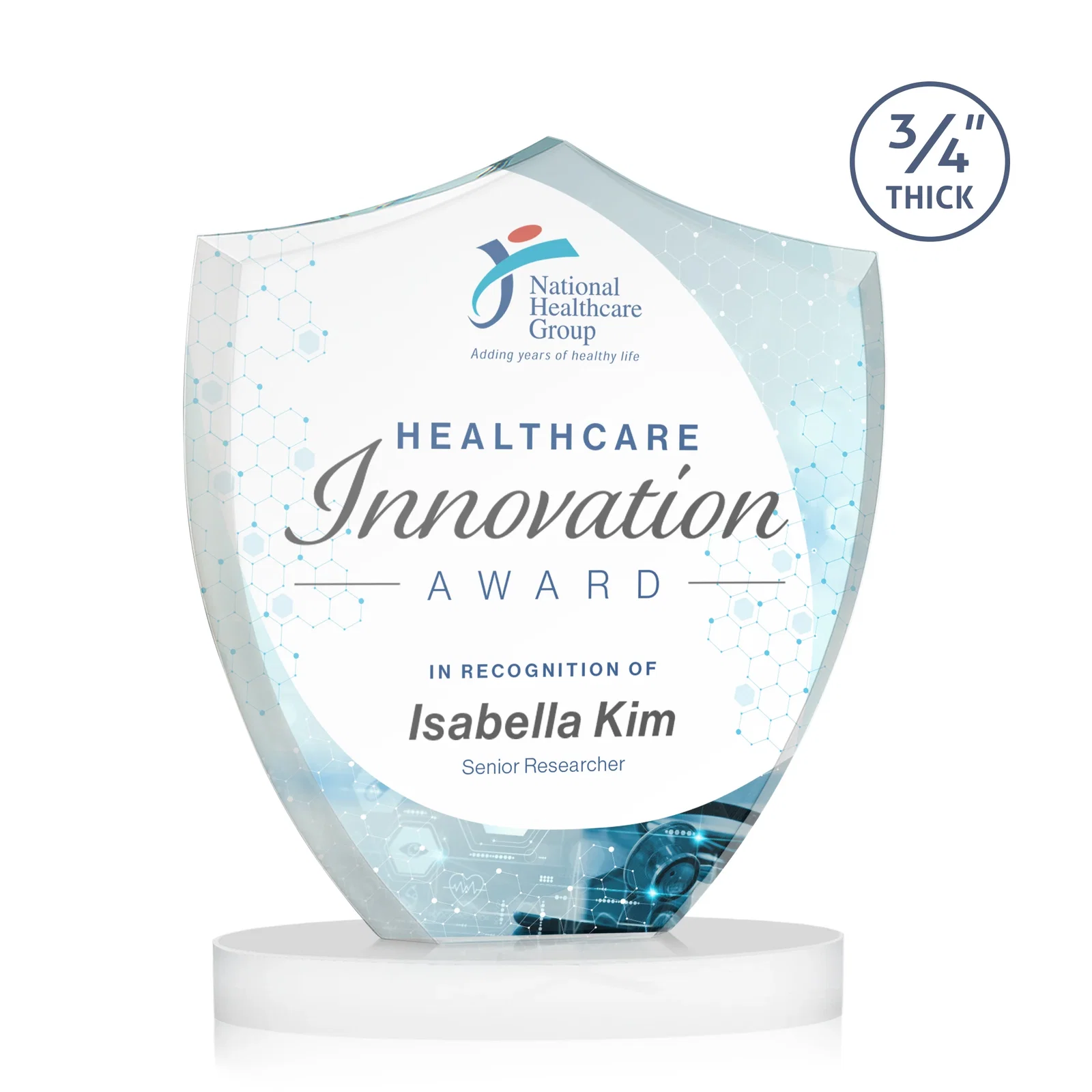 Custom engraved Starfire Crystal Shield Award on Rounded Oval Base, awards for employee recognition