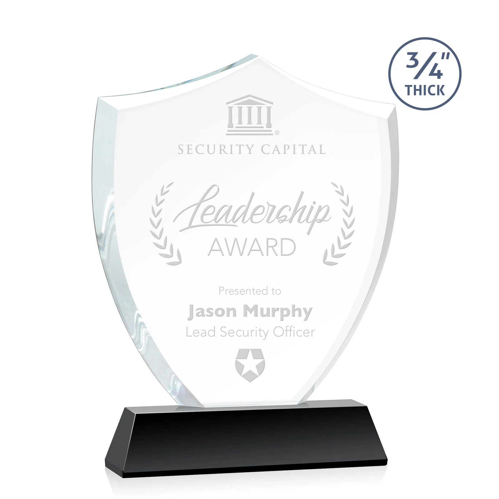 Personalized Starfire Crystal Shield Award With Prismatic Color Option, awards for retirement presentations