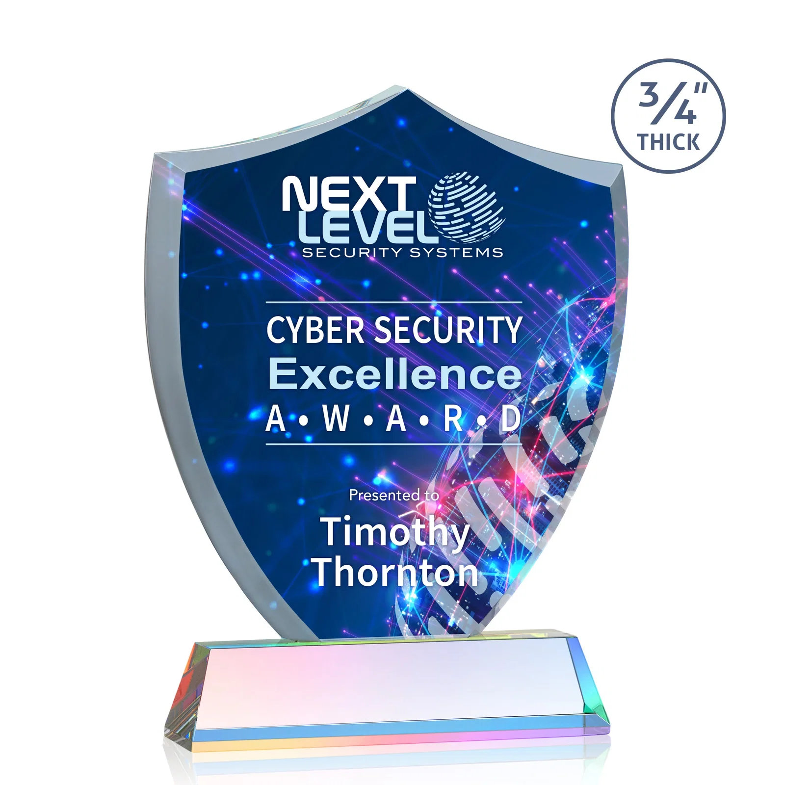 Custom engraved Starfire Crystal Shield Award With Prismatic Color Option, awards for employee recognition