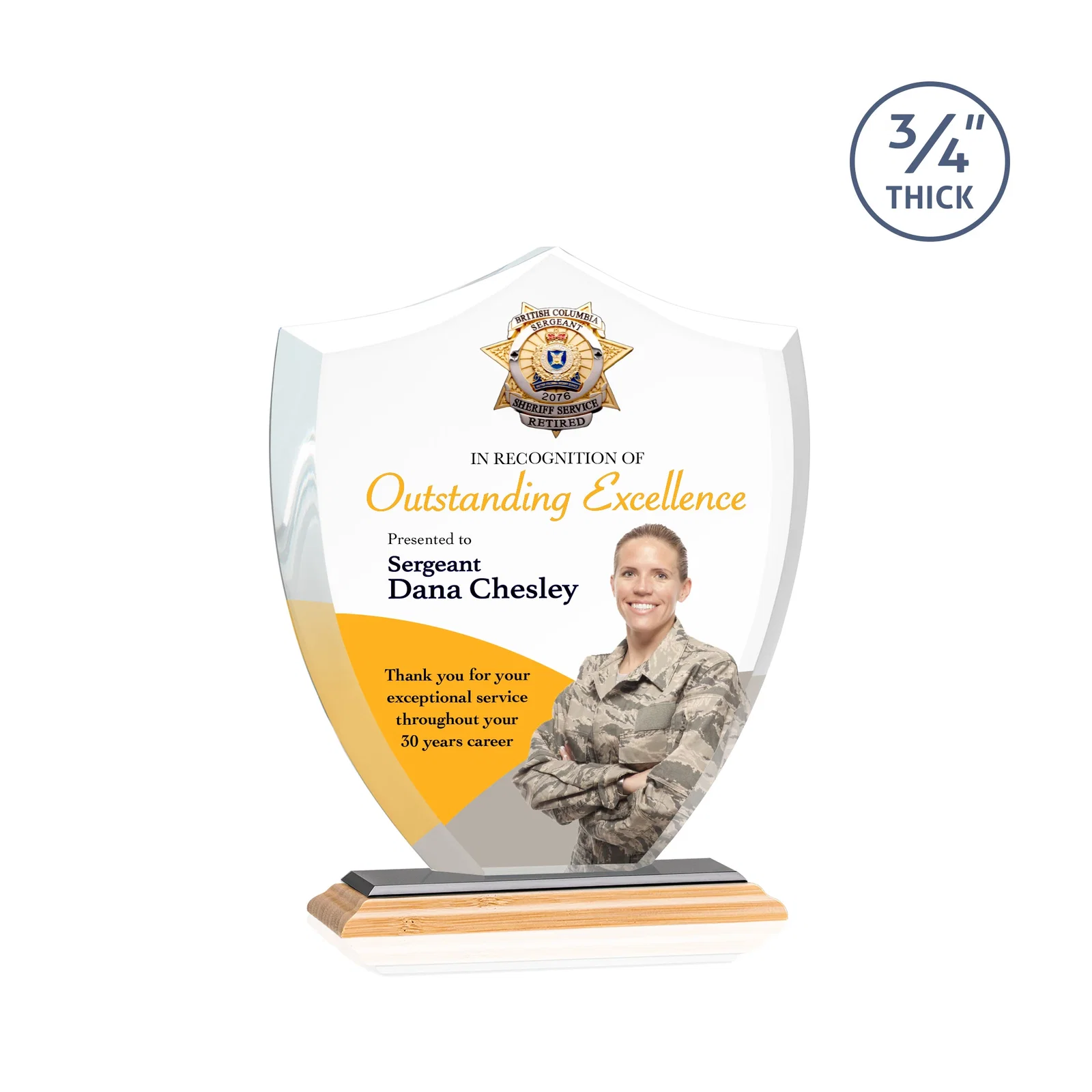 Custom engraved Starfire Crystal Shield Award on Mitered Base, wood awards for dealer and partner awards