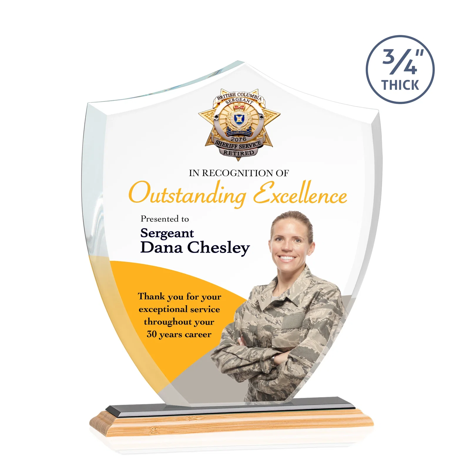 Custom Starfire Crystal Shield Award on Mitered Base, wood awards, with your logo for employee recognition