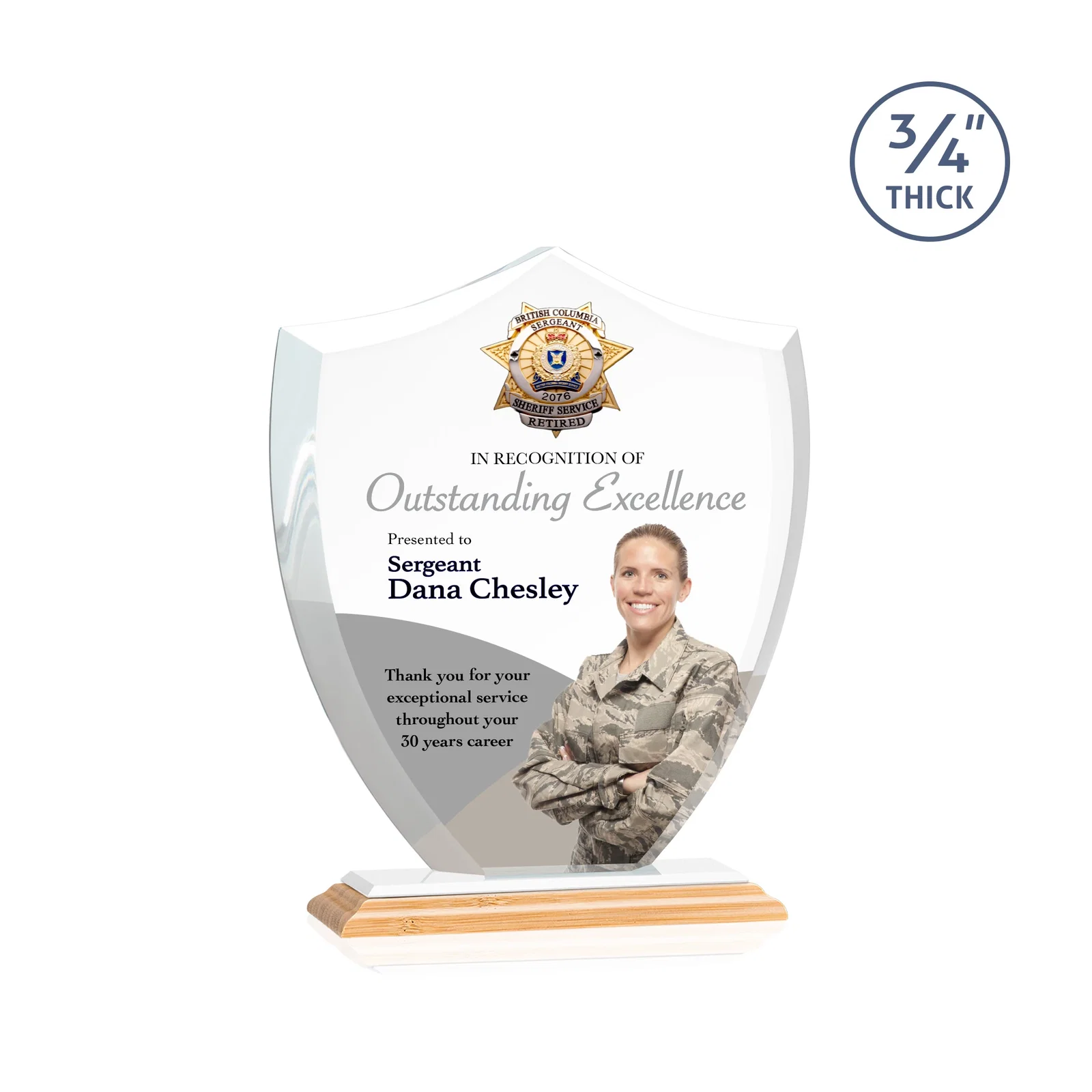 Custom Starfire Crystal Shield Award on Mitered Base, wood awards, with your logo for service anniversary gifts