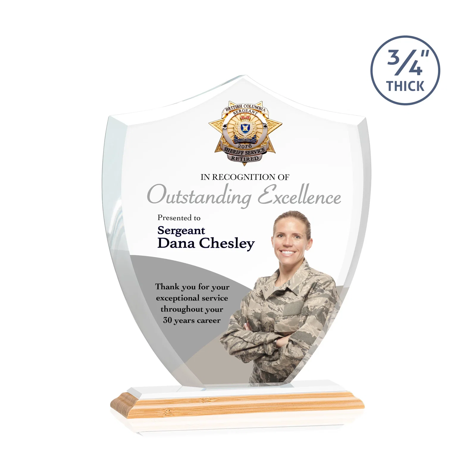 Custom Starfire Crystal Shield Award on Mitered Base, wood awards, with your logo for sales achievement awards