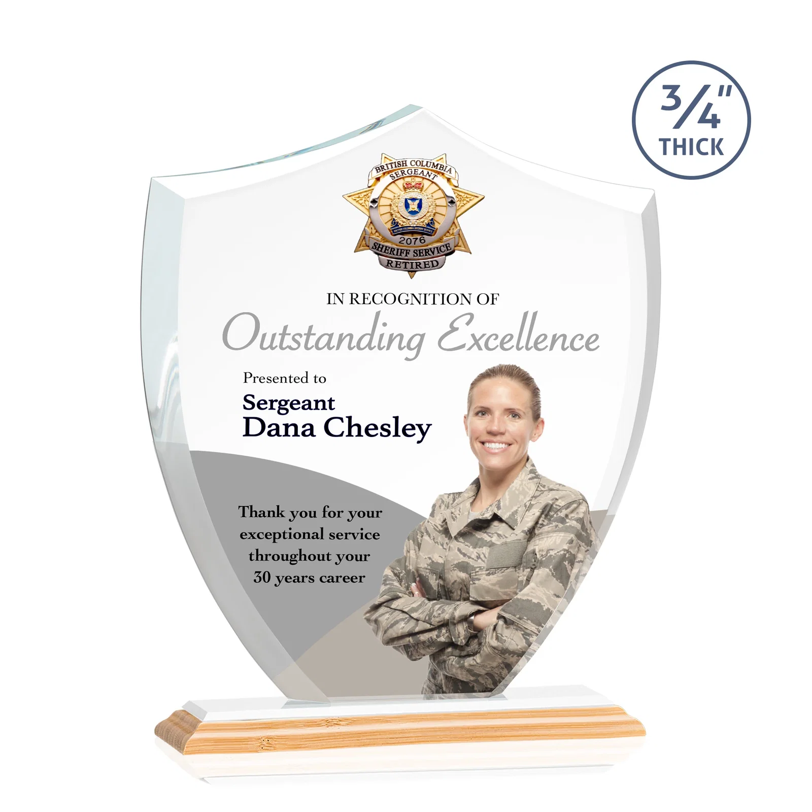 Custom Starfire Crystal Shield Award on Mitered Base, wood awards, with your logo for retirement presentations
