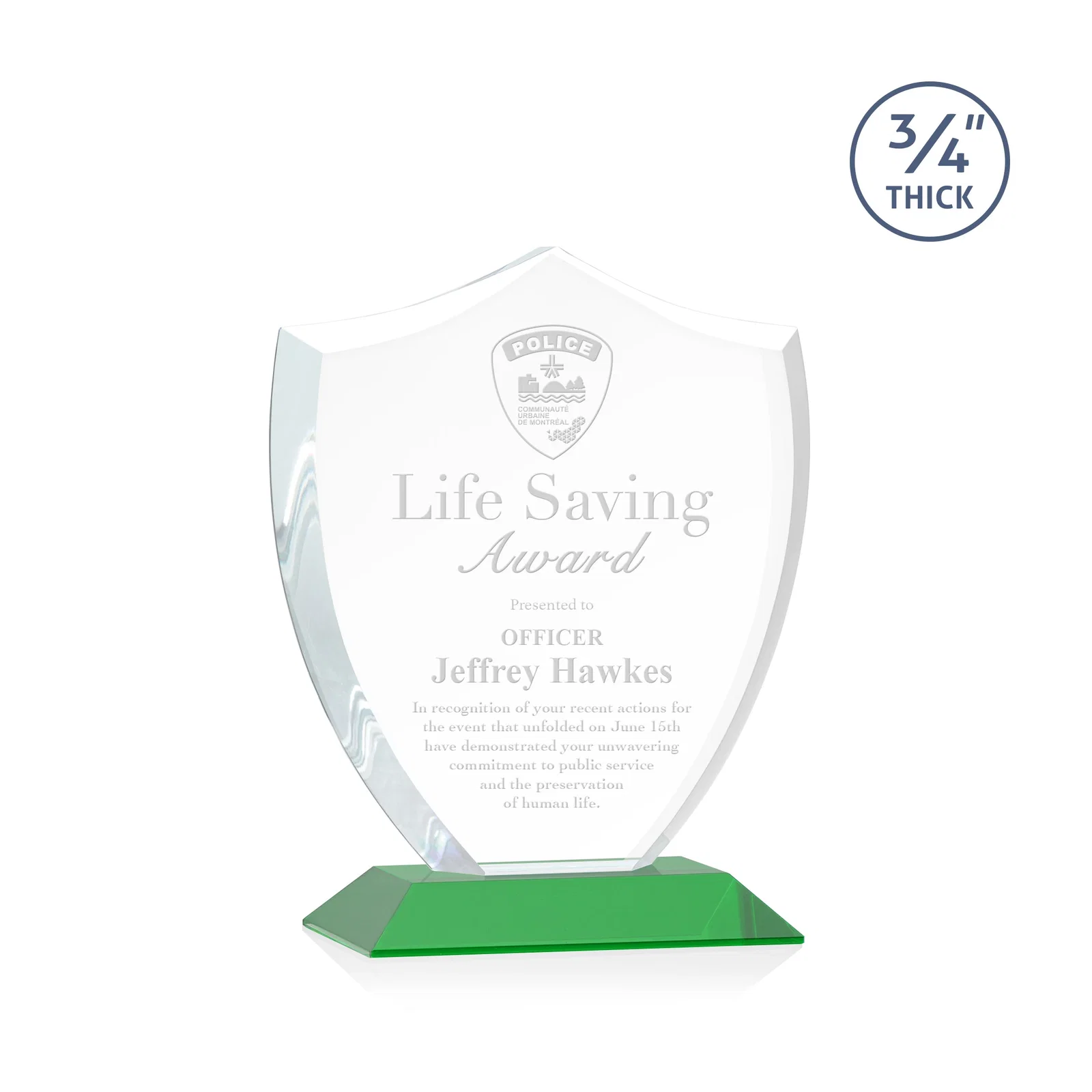 Custom Starfire Crystal Shield Award on Mitered Base, wood awards for dealer and partner awards