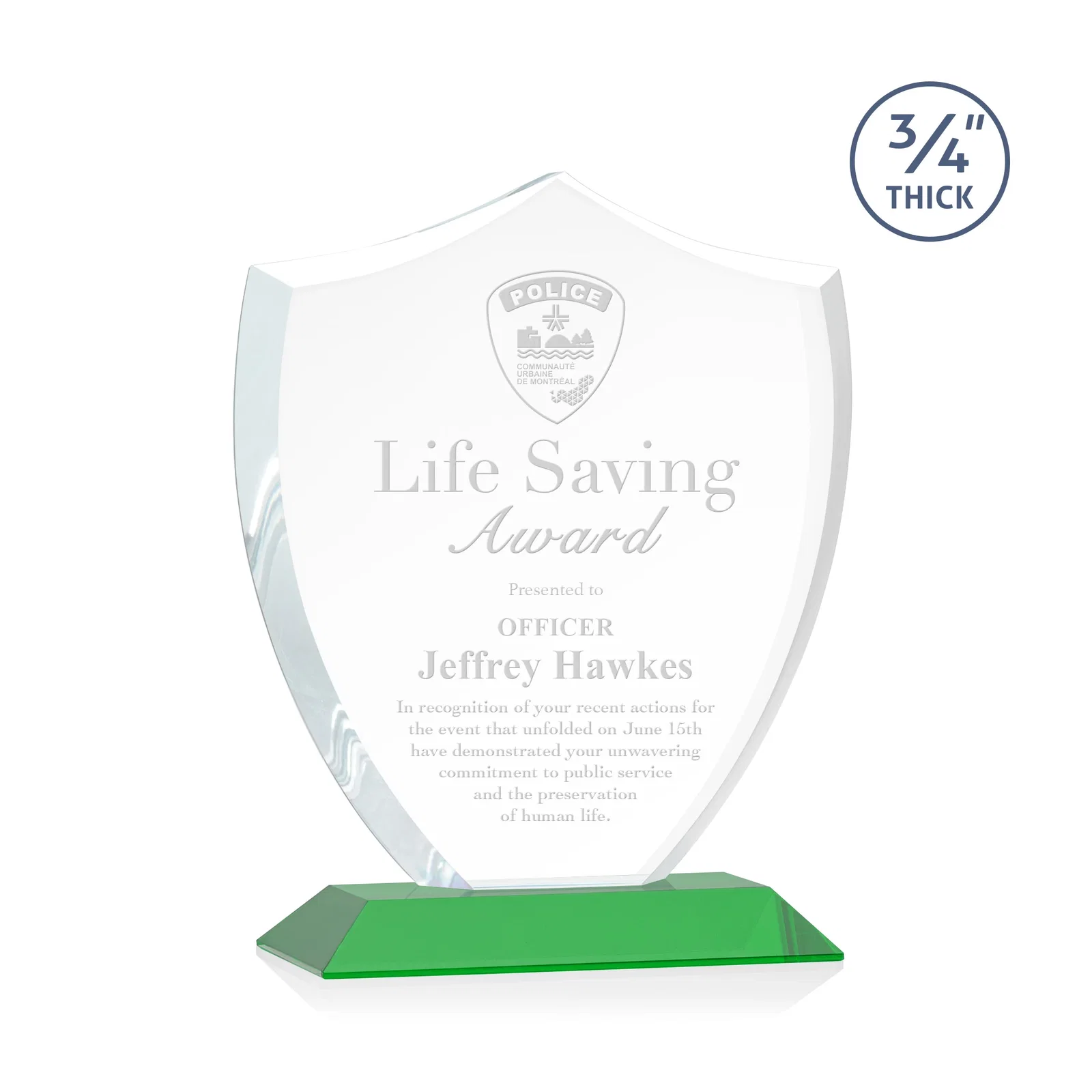 Custom Starfire Crystal Shield Award on Mitered Base, wood awards for company anniversary events
