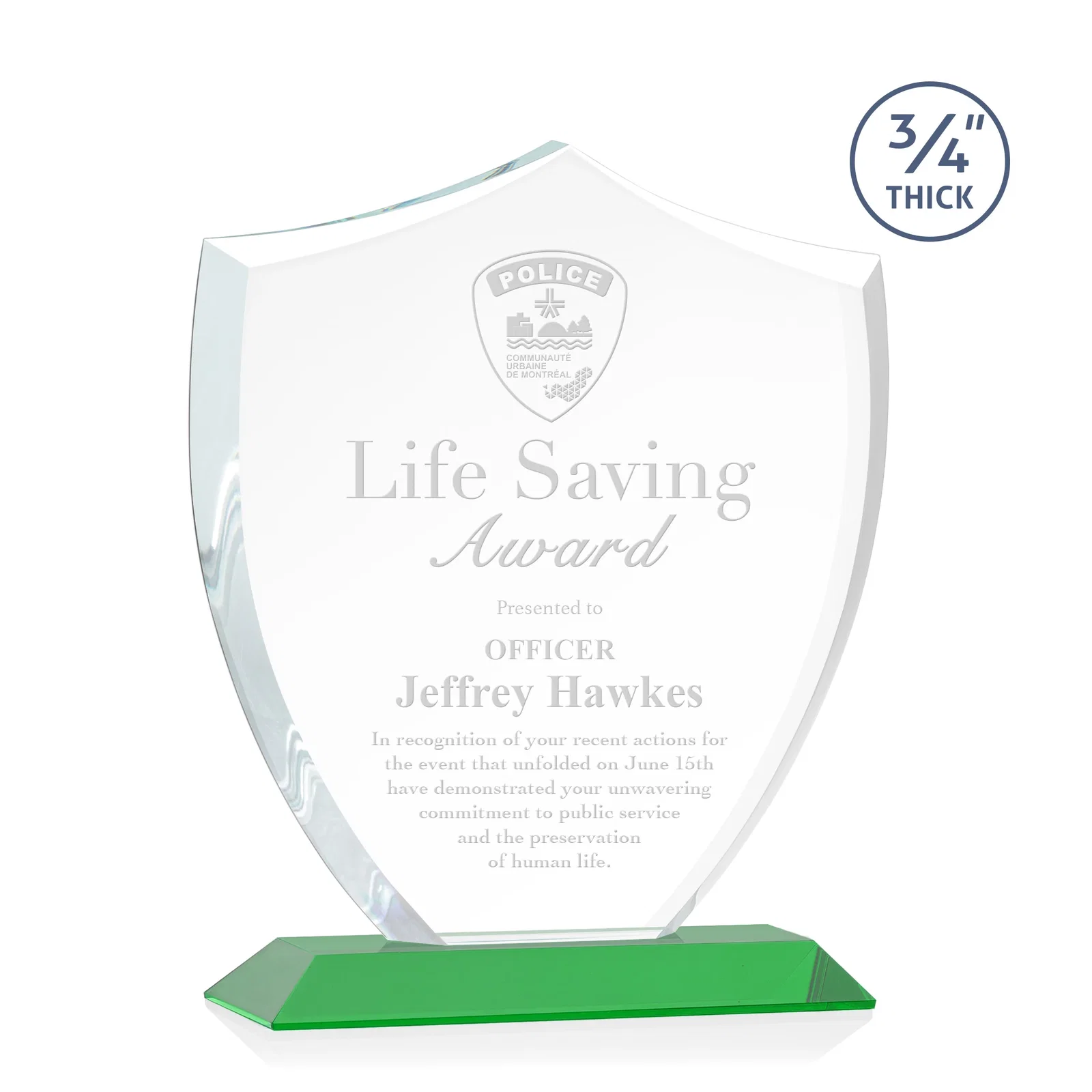 Personalized Starfire Crystal Shield Award on Mitered Base, wood awards for employee recognition