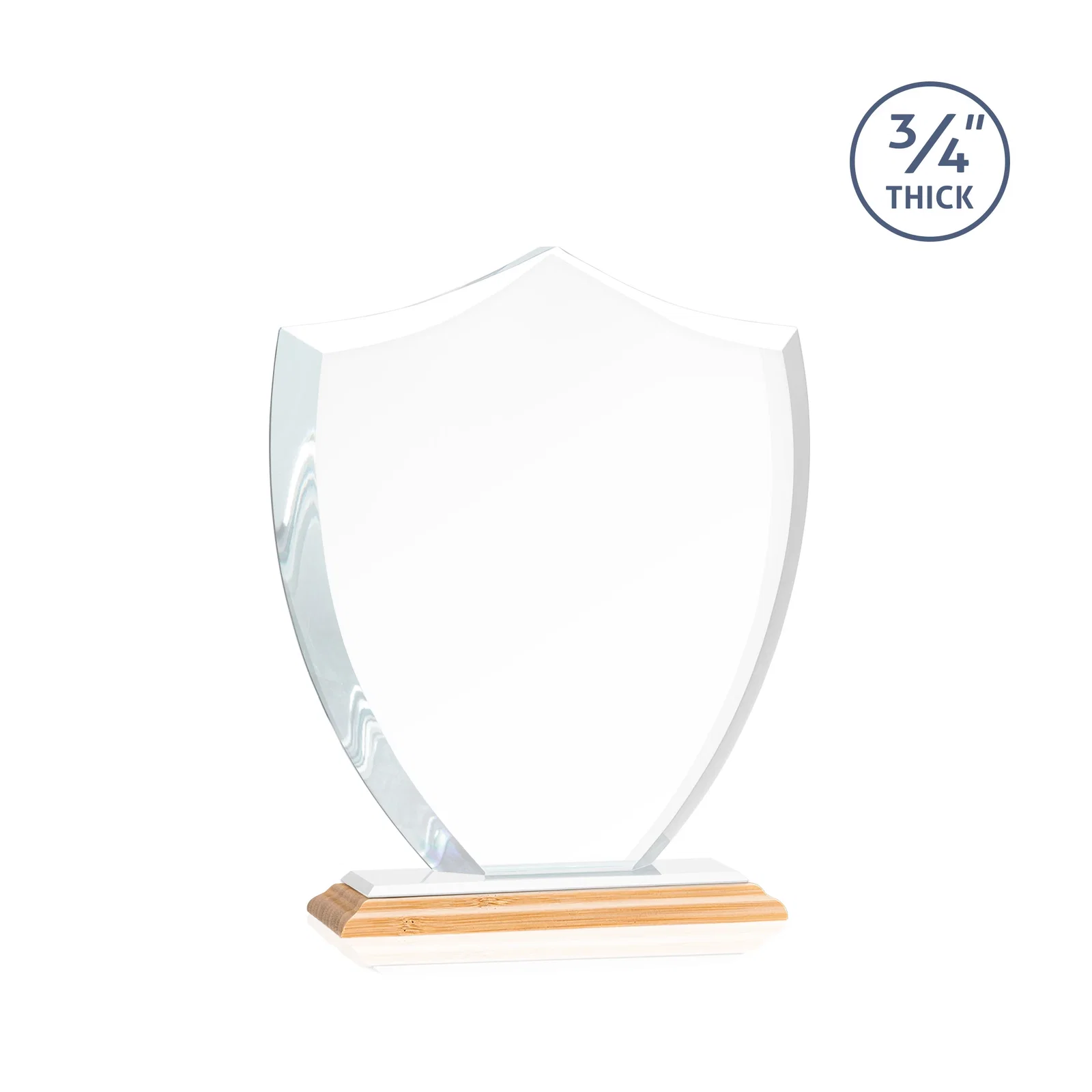 Custom printed Starfire Crystal Shield Award on Mitered Base, wood awards, with your logo for company anniversary events