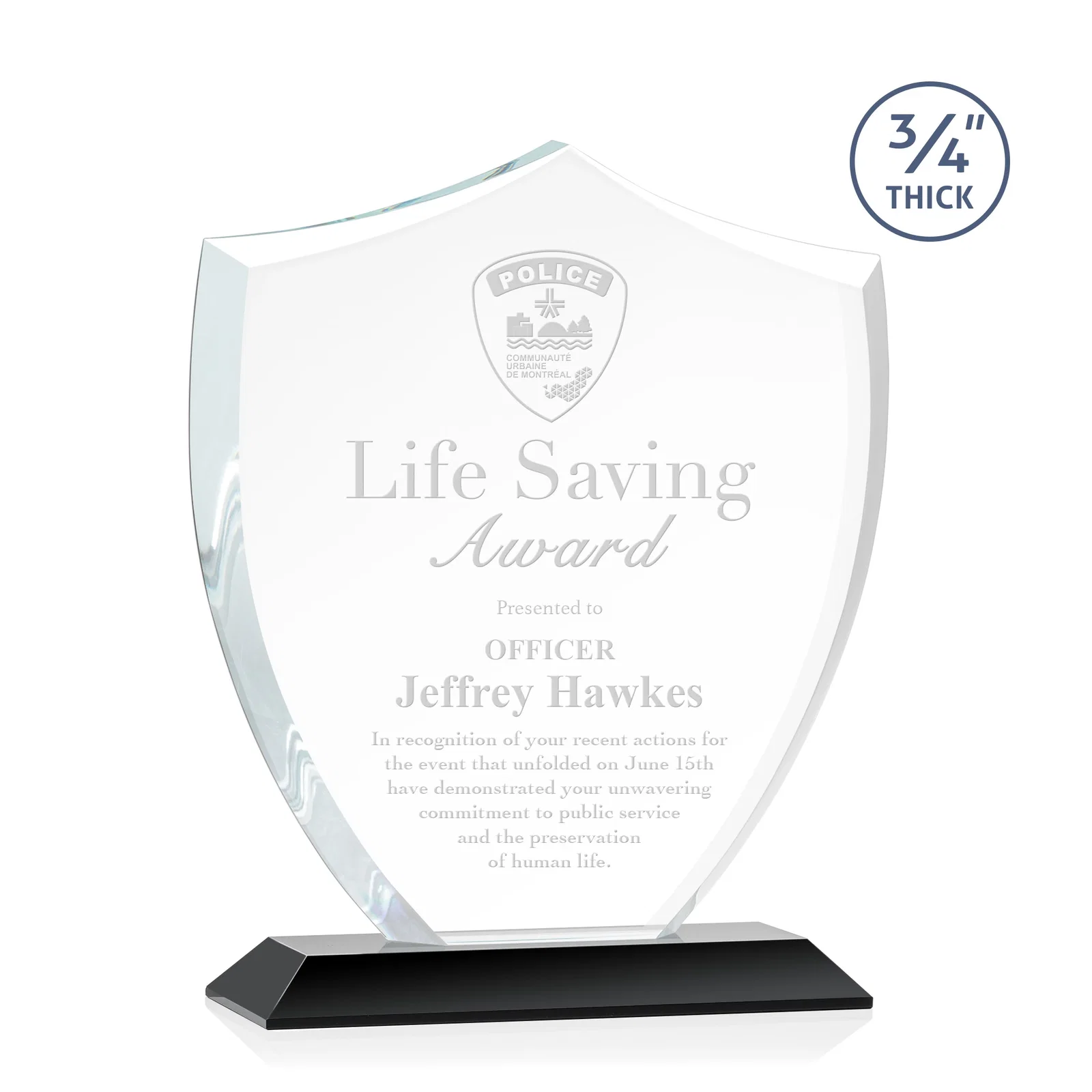 Personalized Starfire Crystal Shield Award on Mitered Base, wood awards for retirement presentations