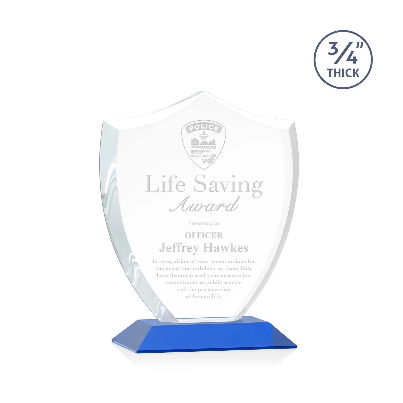 Personalized Starfire Crystal Shield Award on Mitered Base, wood awards for donor appreciation