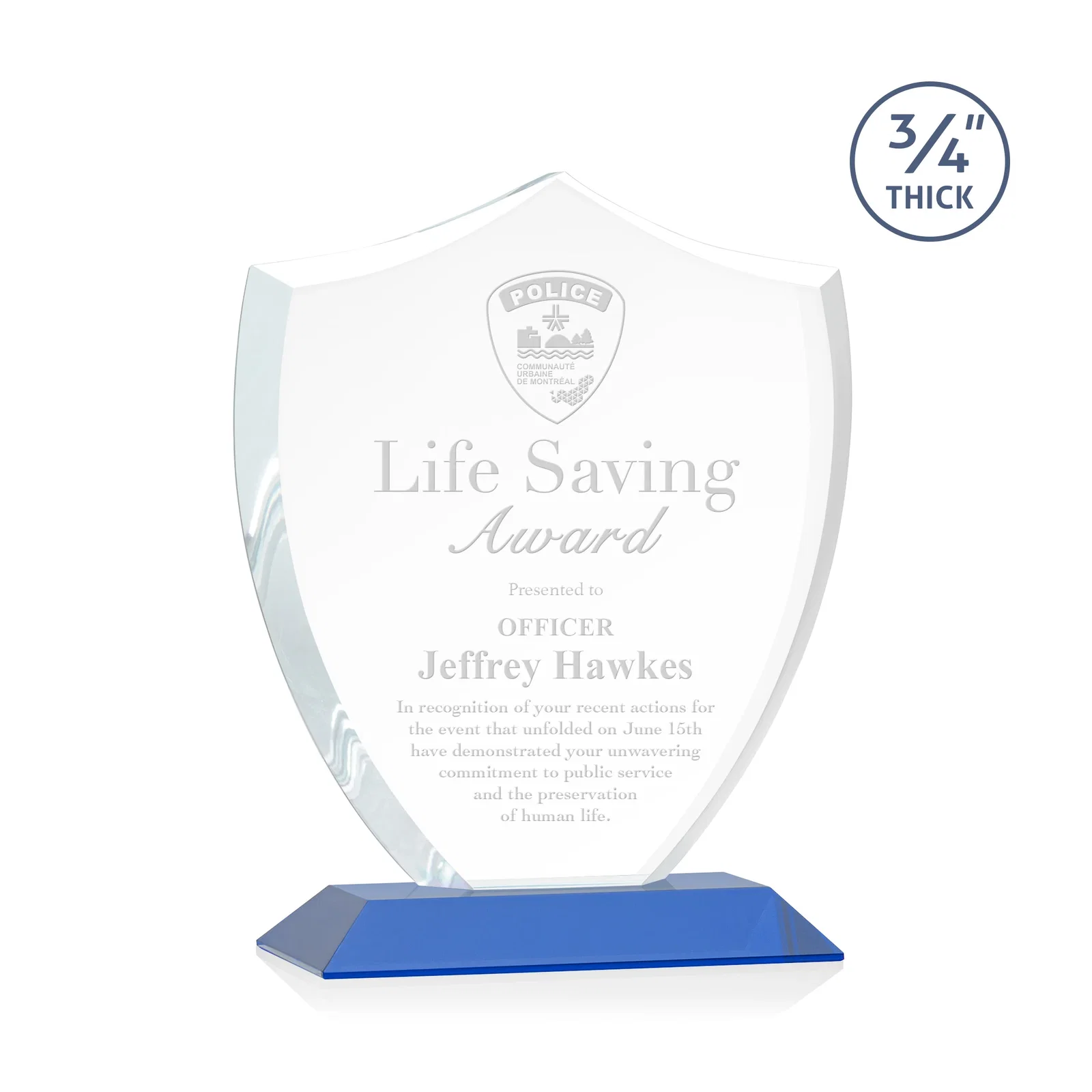 Personalized Starfire Crystal Shield Award on Mitered Base, wood awards for graduation ceremonies