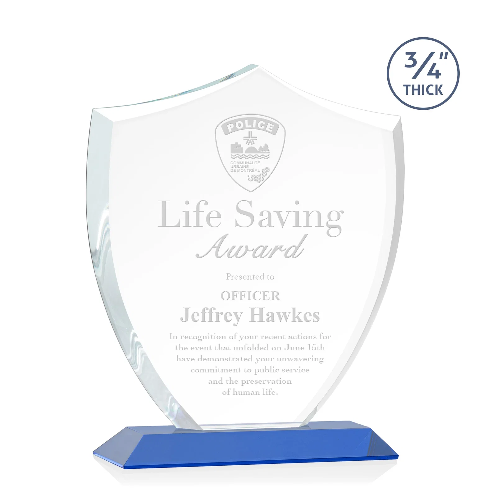Personalized Starfire Crystal Shield Award on Mitered Base, wood awards for safety achievement programs