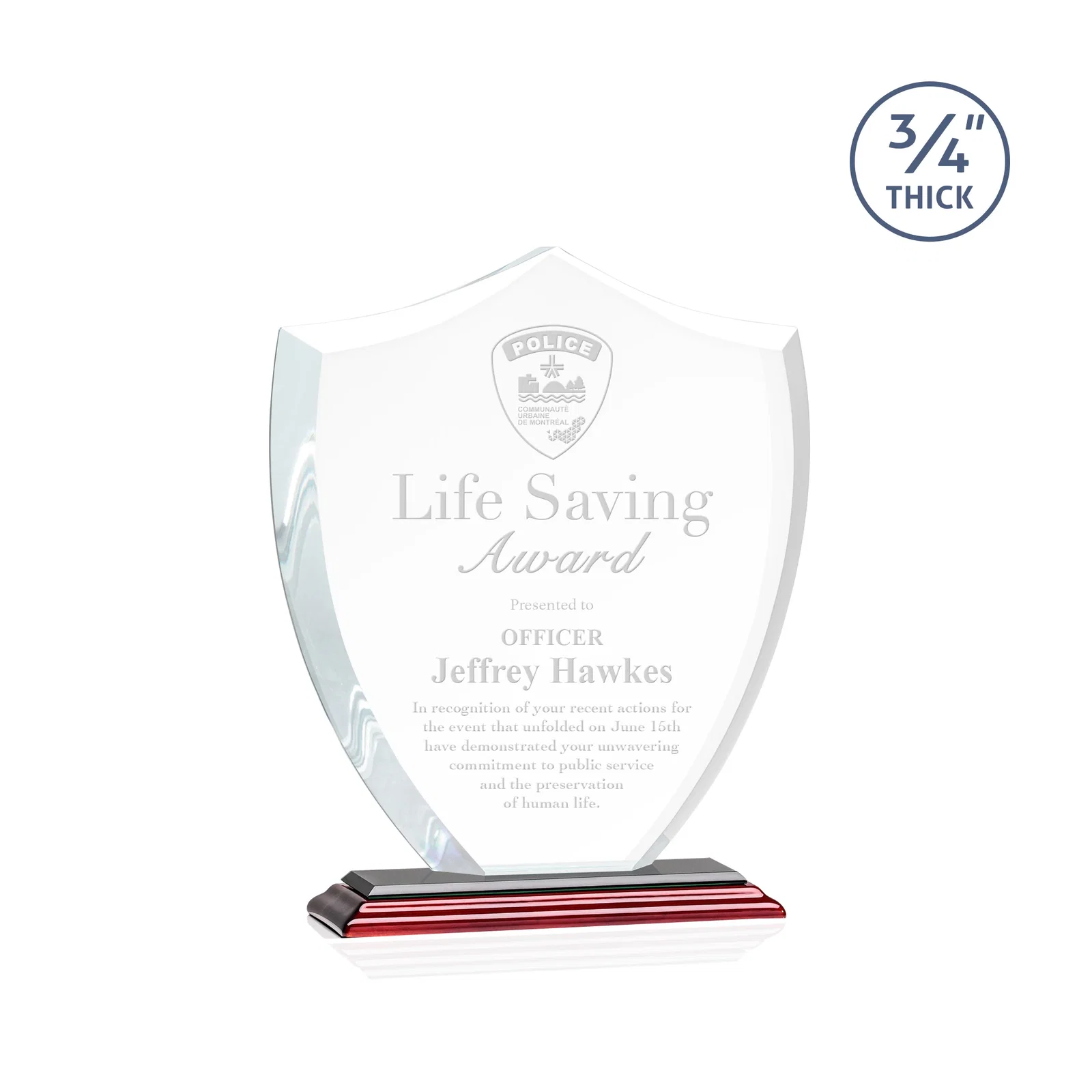 Personalized Starfire Crystal Shield Award on Mitered Base, wood awards for dealer and partner awards