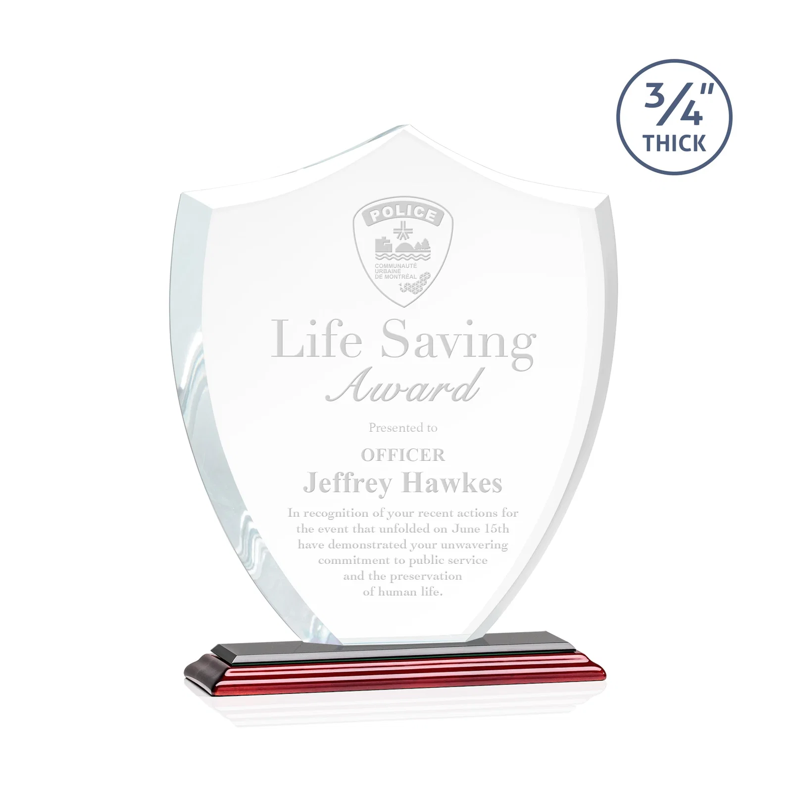 Personalized Starfire Crystal Shield Award on Mitered Base, wood awards for company anniversary events