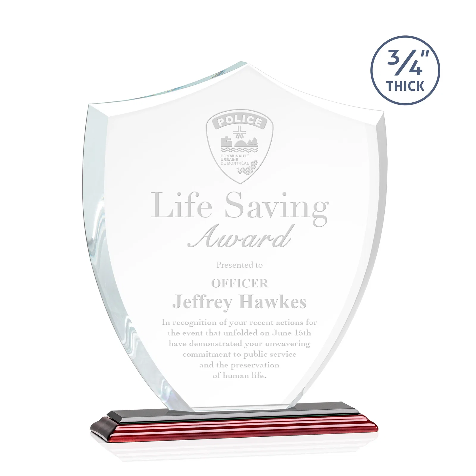 Promotional Starfire Crystal Shield Award on Mitered Base, wood awards for employee recognition