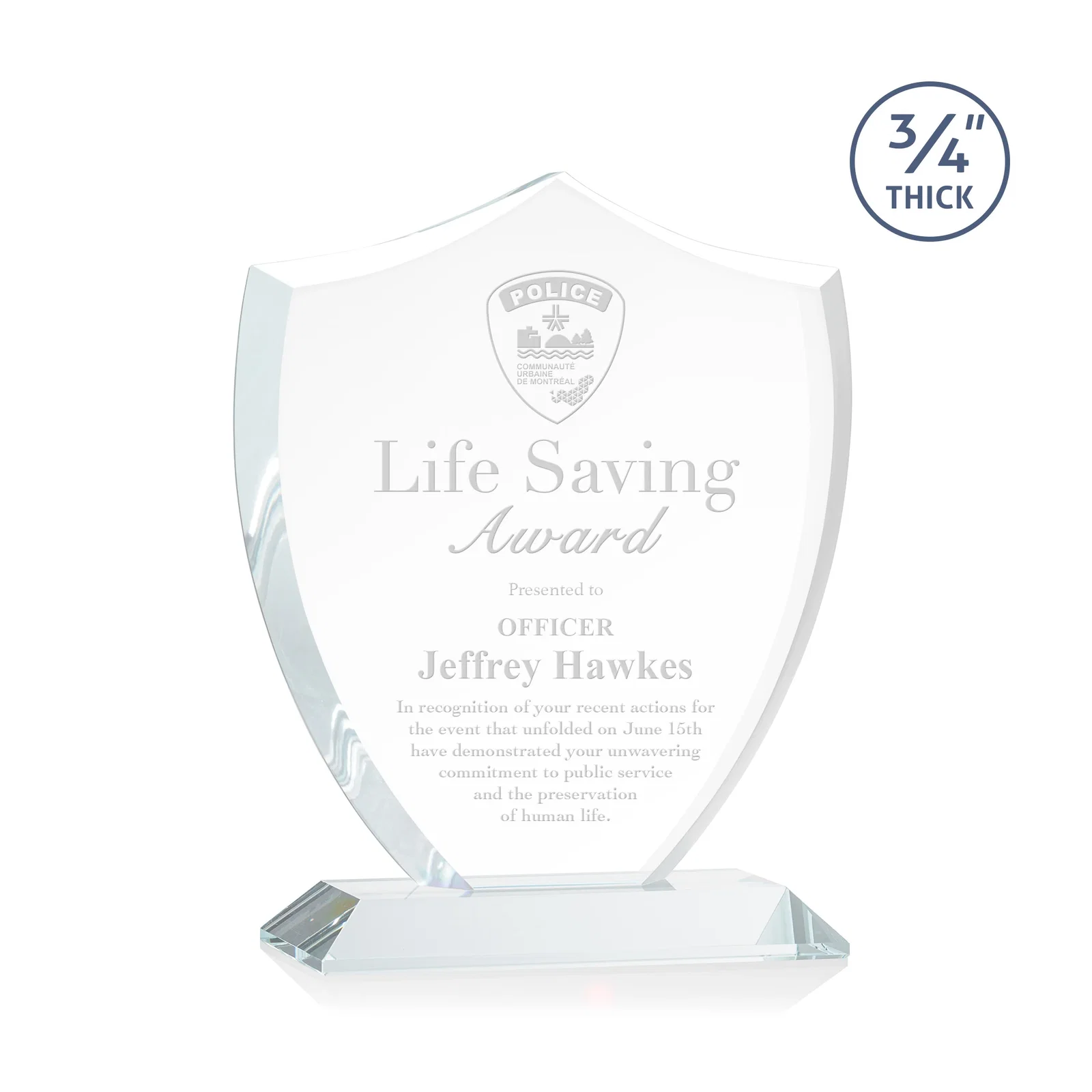 Custom Starfire Crystal Shield Award on Mitered Base, wood awards for service anniversary gifts
