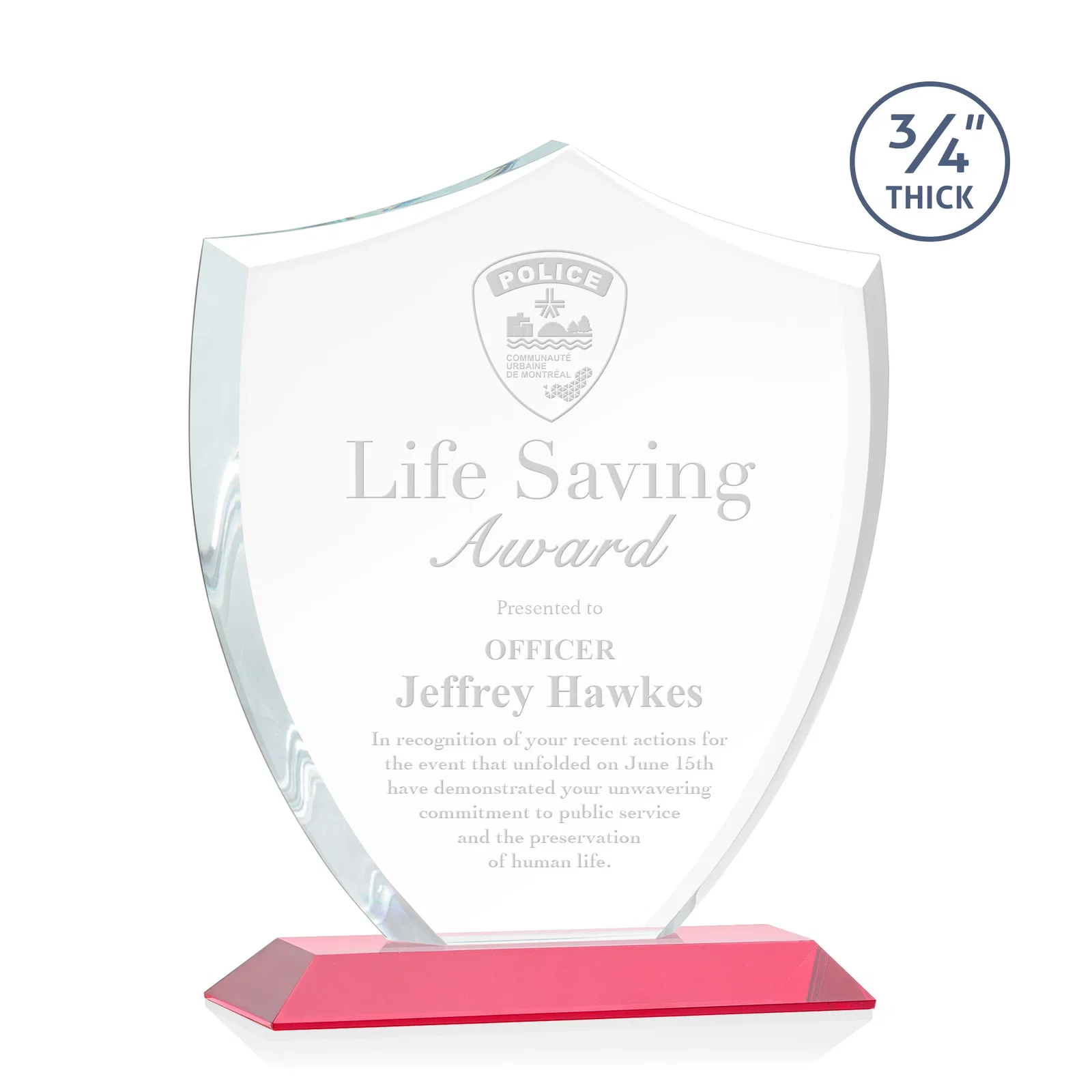 Promotional Starfire Crystal Shield Award on Mitered Base, wood awards for retirement presentations