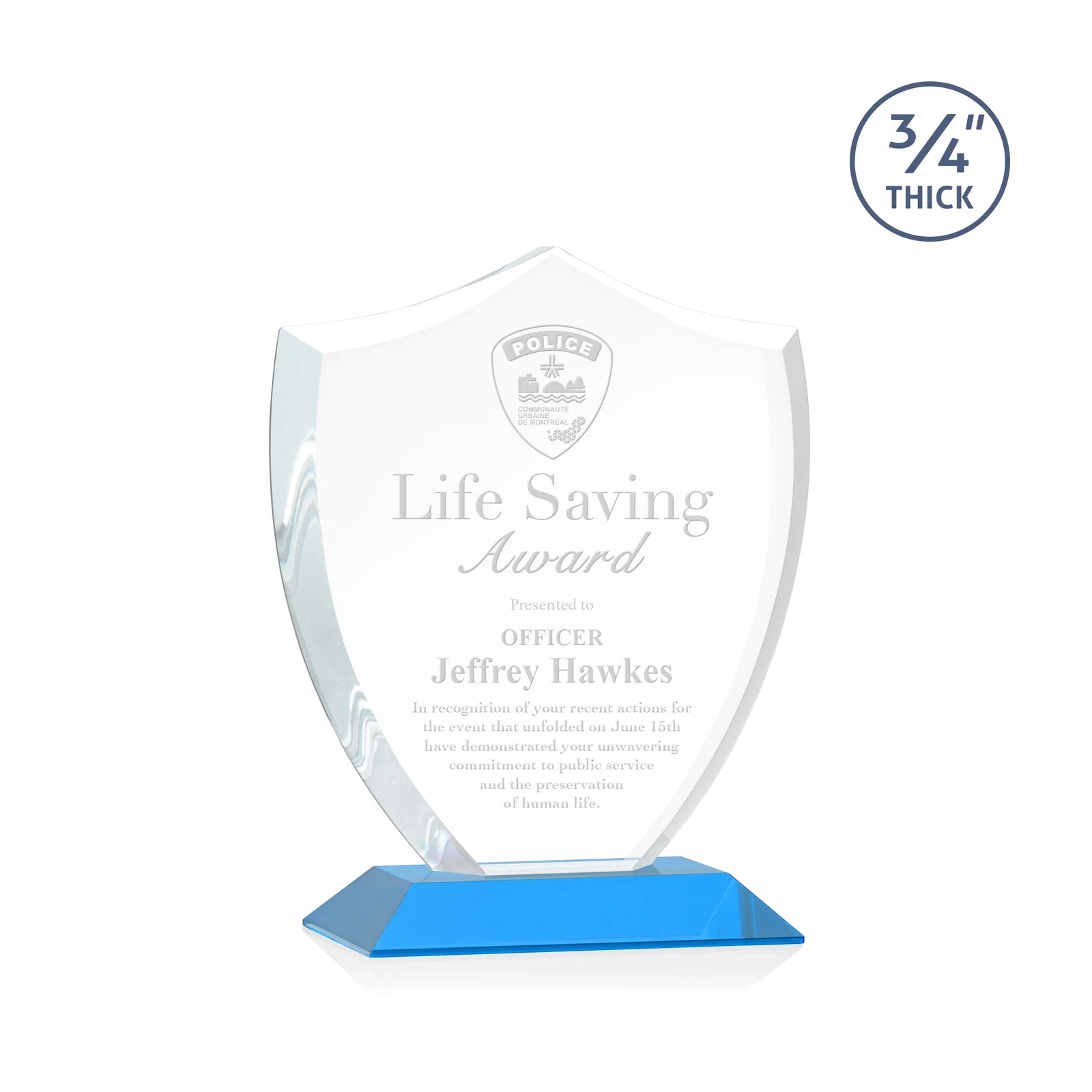 Promotional Starfire Crystal Shield Award on Mitered Base, wood awards for donor appreciation