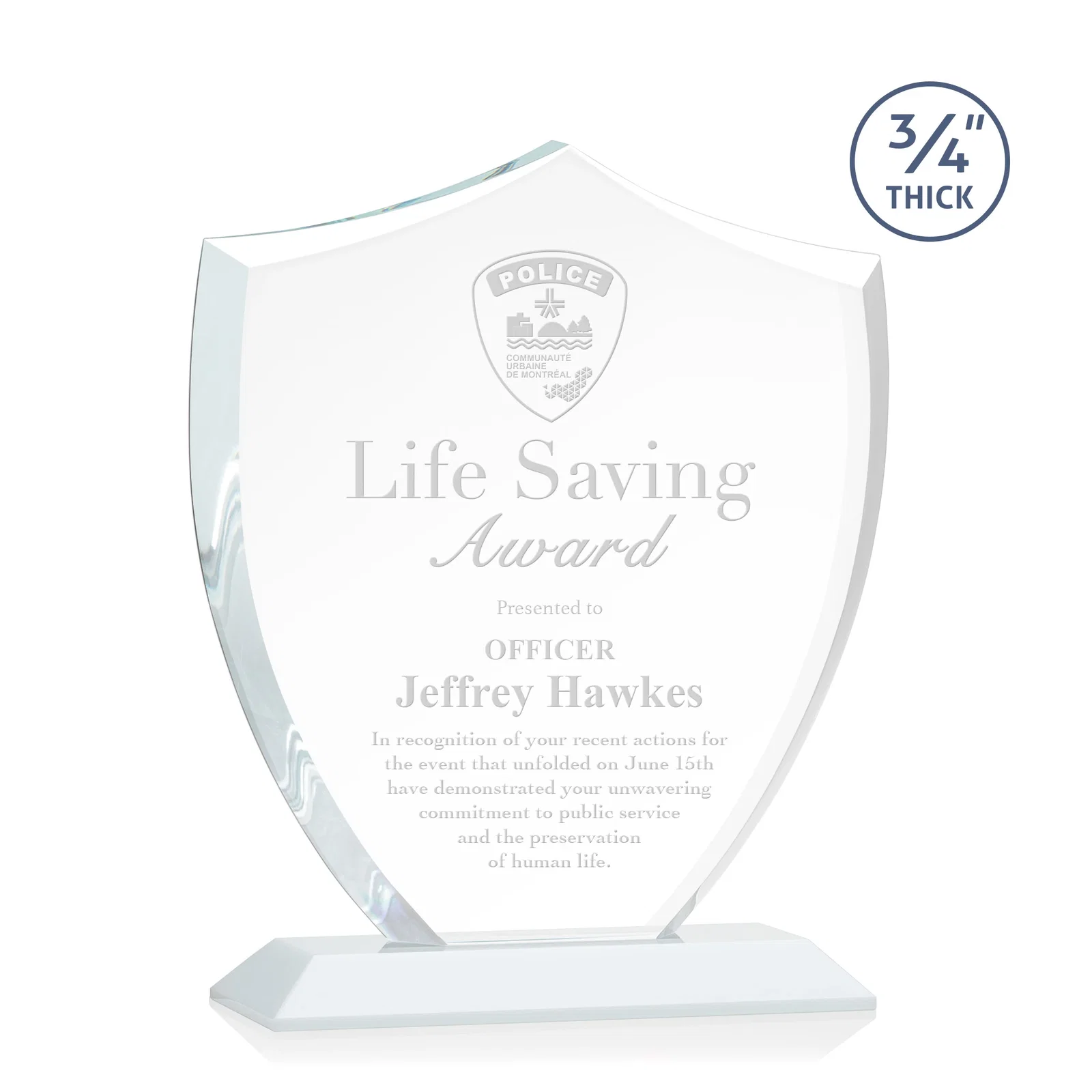 Branded Starfire Crystal Shield Award on Mitered Base, wood awards for employee recognition
