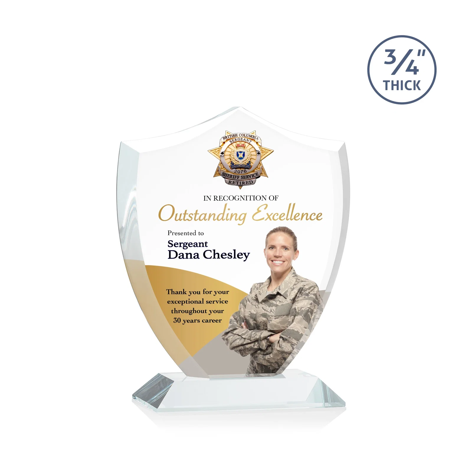 Branded Starfire Crystal Shield Award on Mitered Base, wood awards for service anniversary gifts