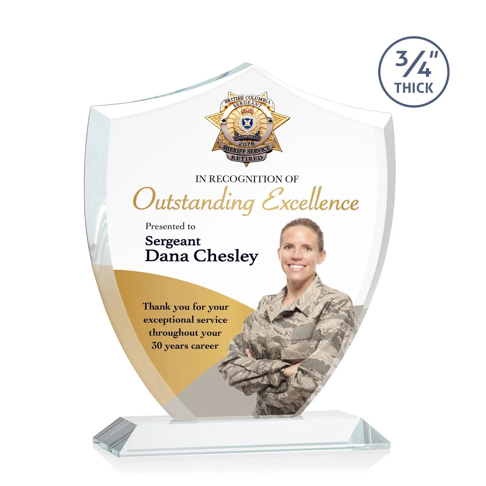 Branded Starfire Crystal Shield Award on Mitered Base, wood awards for retirement presentations