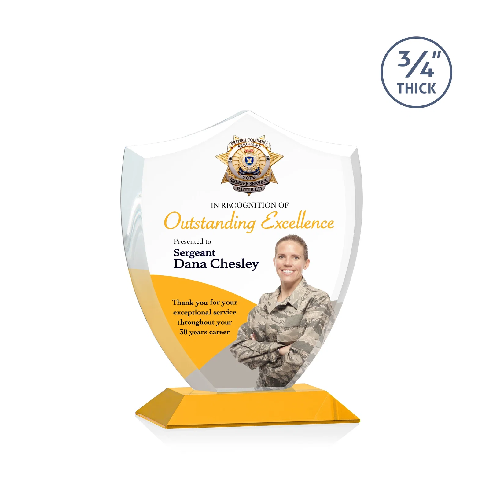Branded Starfire Crystal Shield Award on Mitered Base, wood awards for donor appreciation