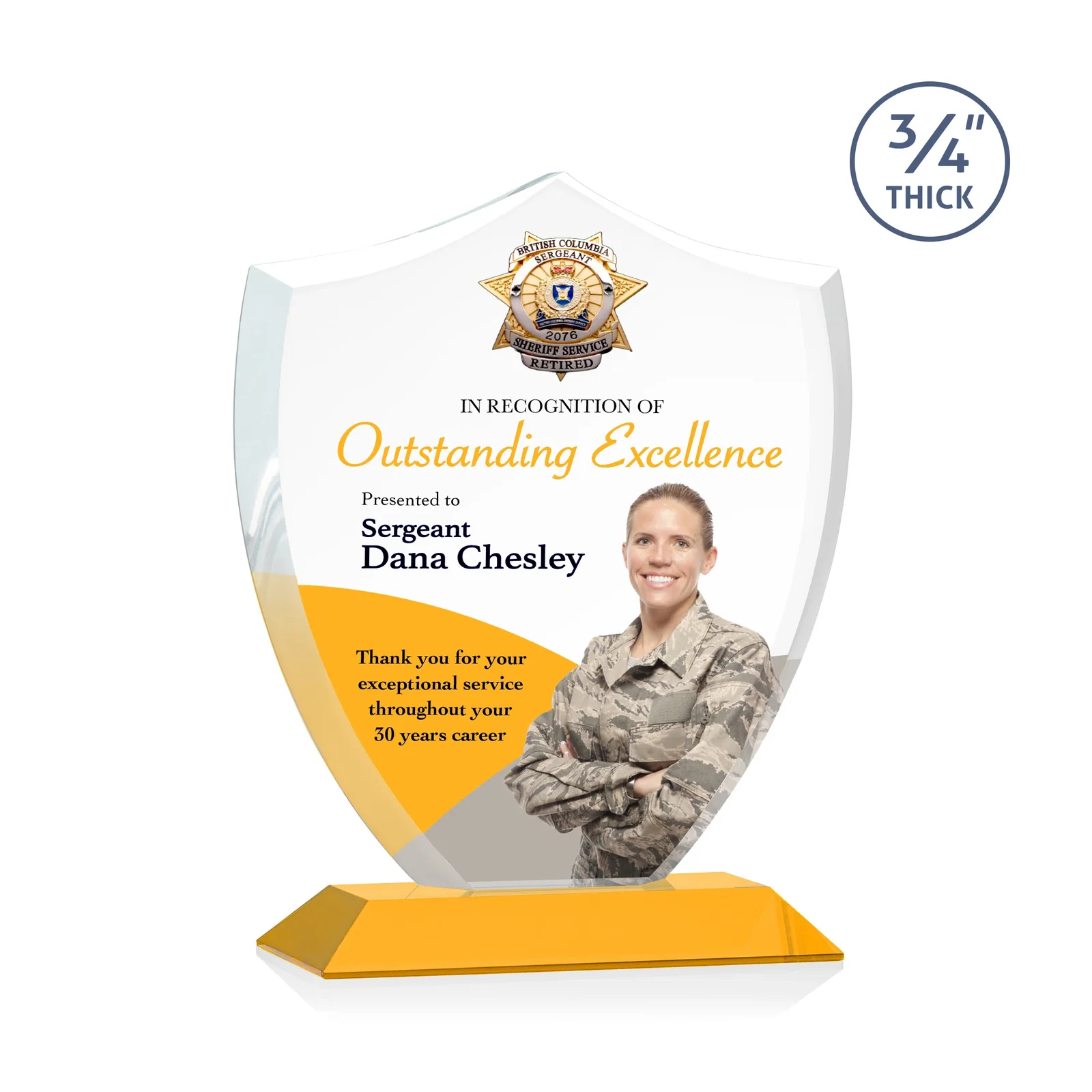 Branded Starfire Crystal Shield Award on Mitered Base, wood awards for graduation ceremonies