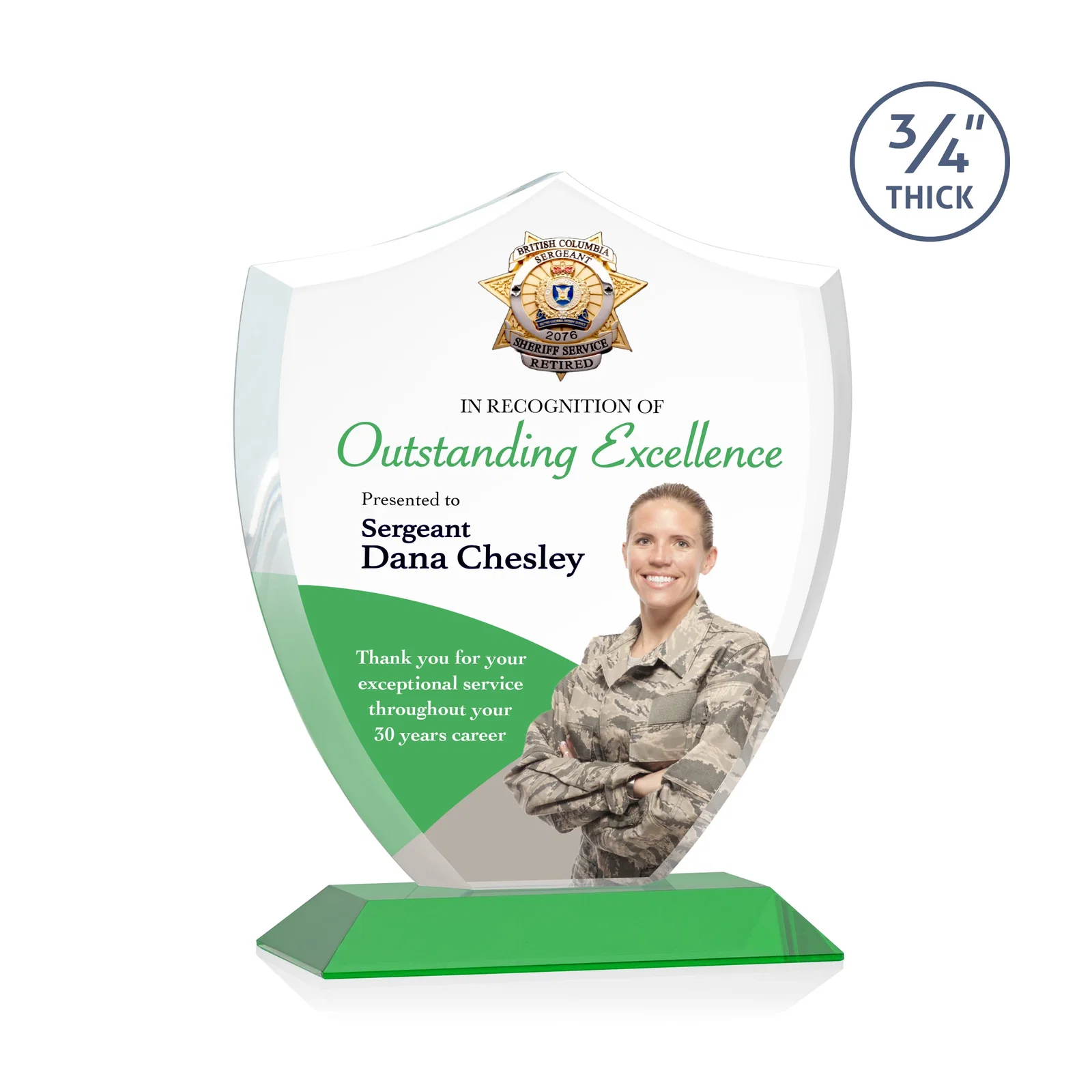 Branded Starfire Crystal Shield Award on Mitered Base, wood awards for company anniversary events