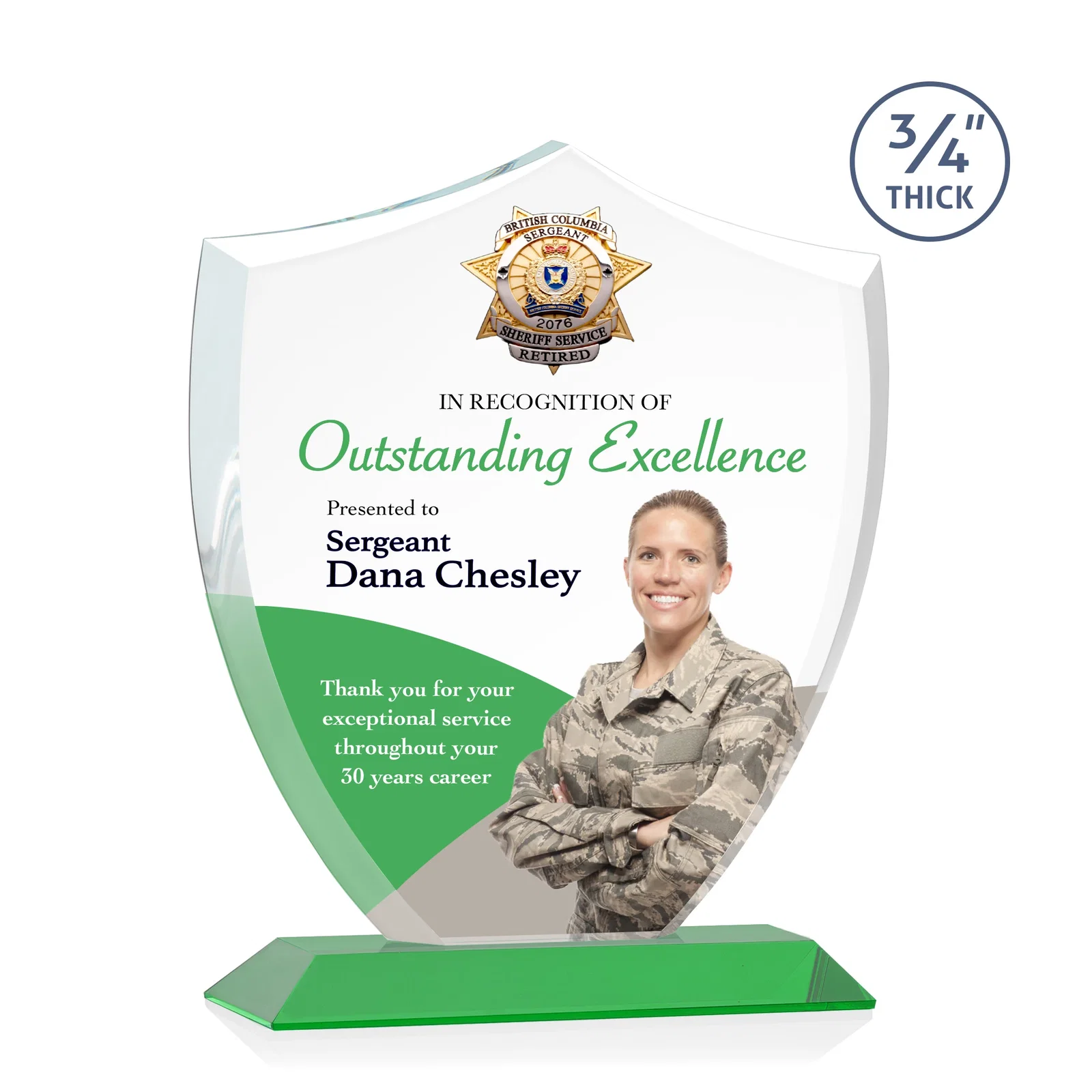 Custom printed Starfire Crystal Shield Award on Mitered Base, wood awards for employee recognition