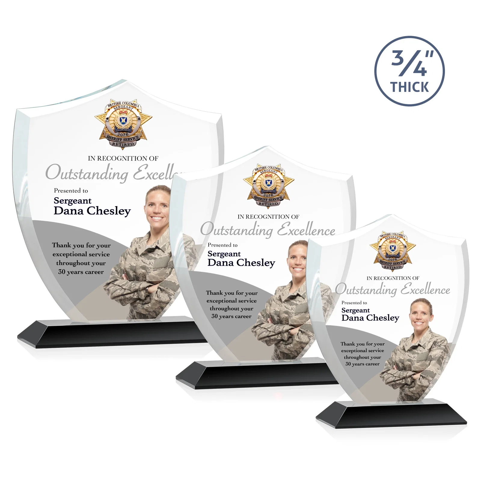 Custom printed Starfire Crystal Shield Award on Mitered Base, wood awards for corporate award ceremonies