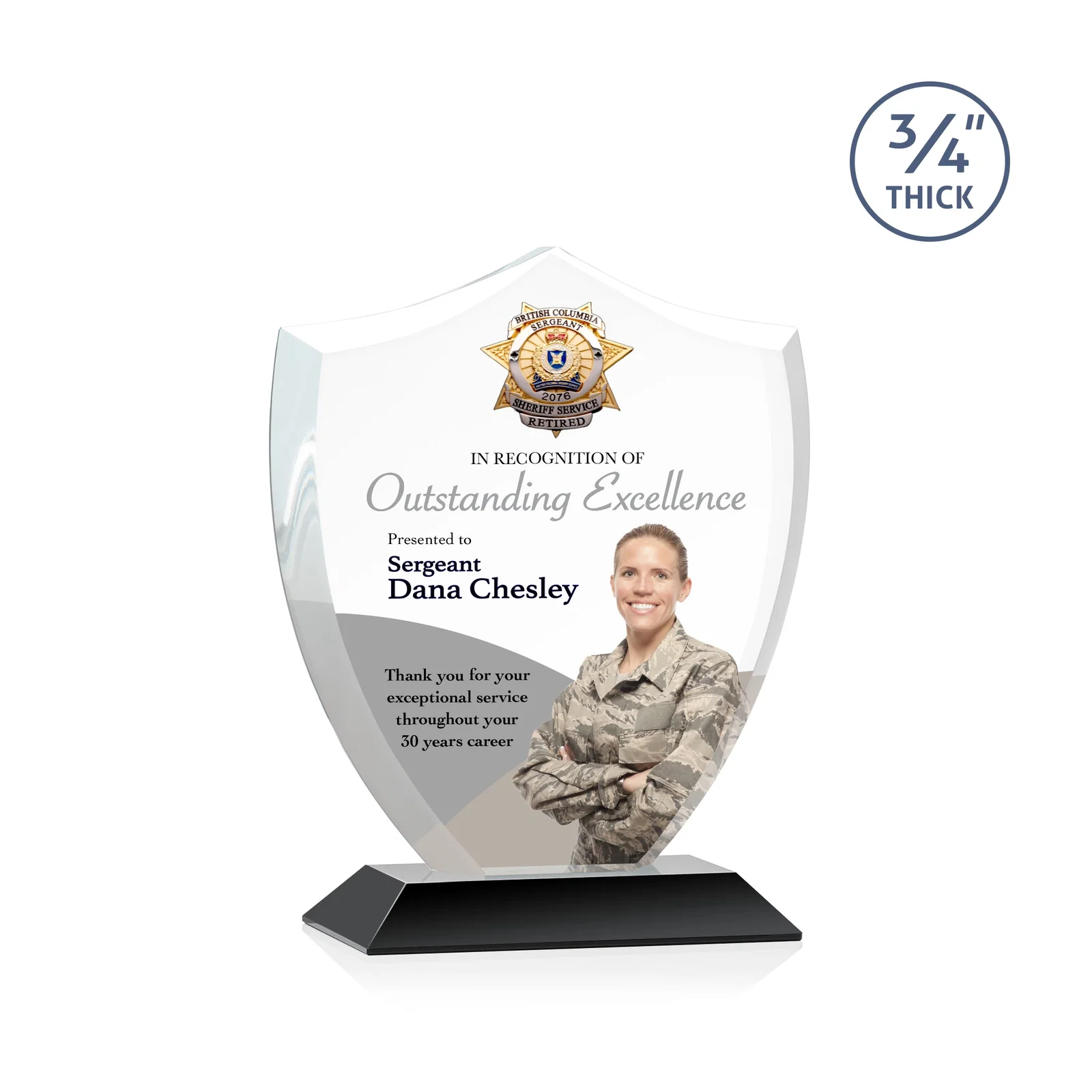 Custom printed Starfire Crystal Shield Award on Mitered Base, wood awards for service anniversary gifts