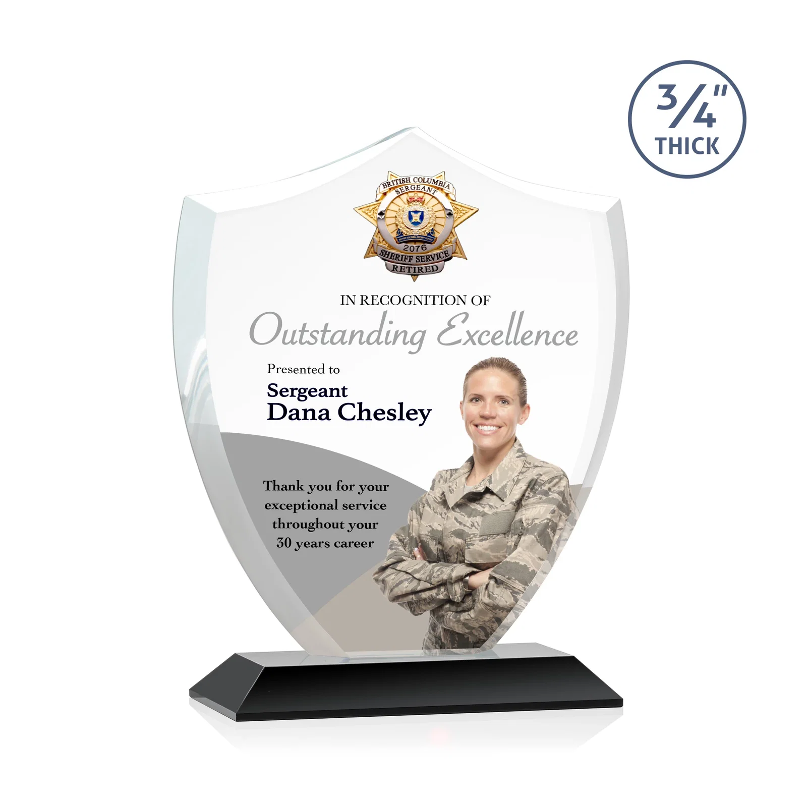 Custom printed Starfire Crystal Shield Award on Mitered Base, wood awards for sales achievement awards