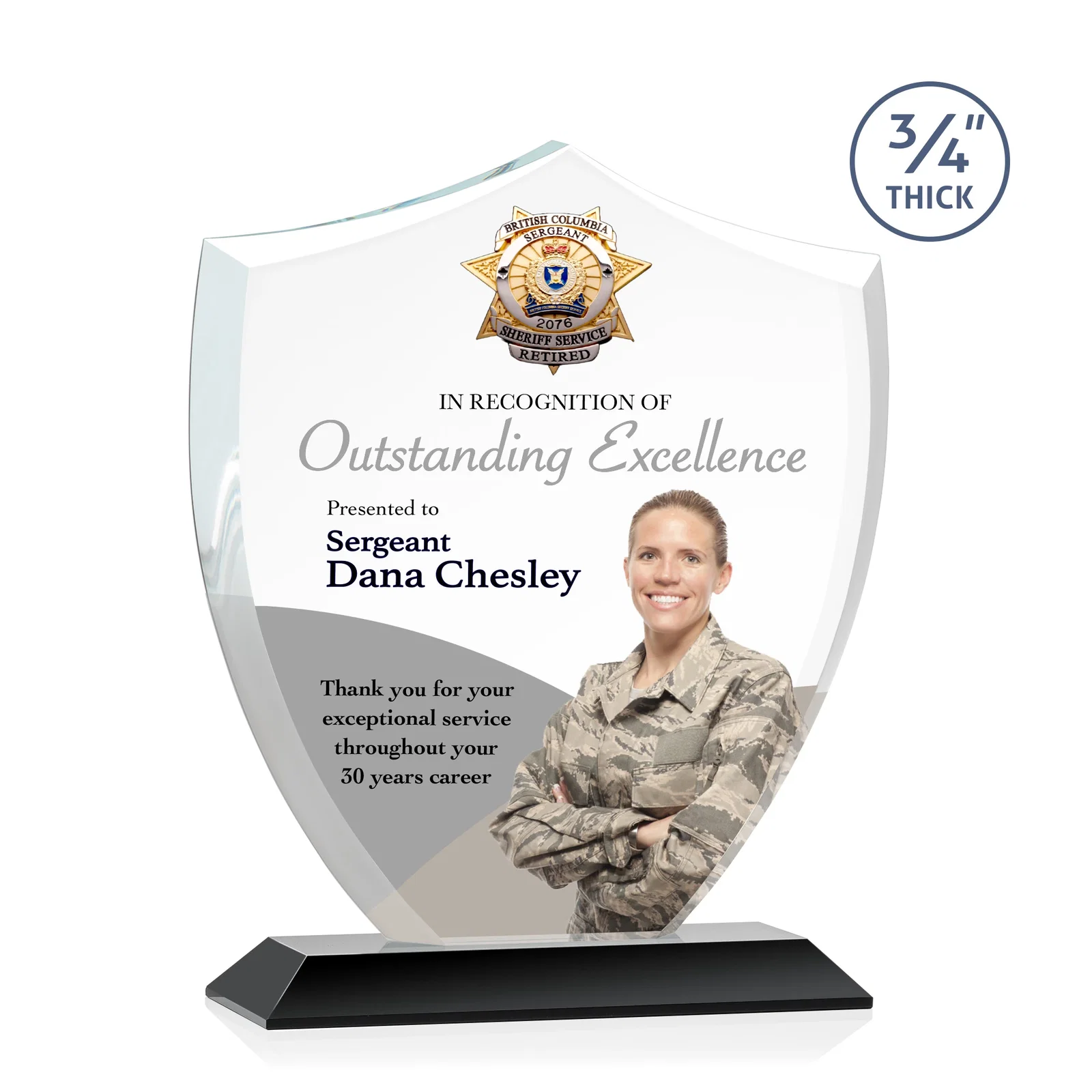 Custom printed Starfire Crystal Shield Award on Mitered Base, wood awards for retirement presentations