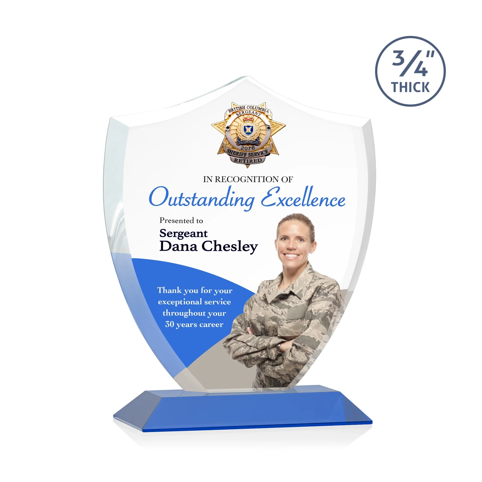 Custom printed Starfire Crystal Shield Award on Mitered Base, wood awards for graduation ceremonies
