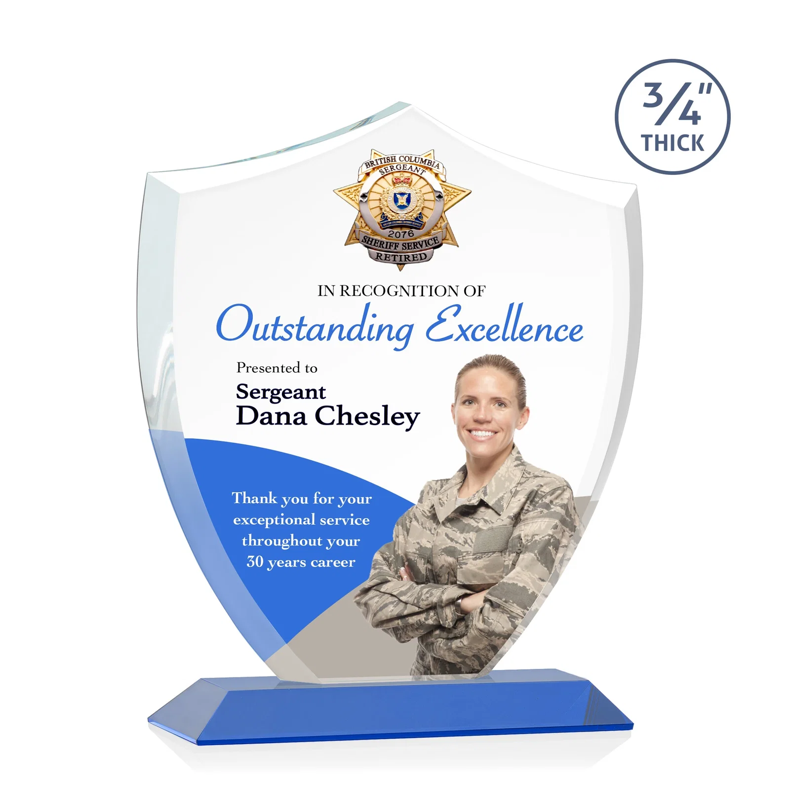 Custom printed Starfire Crystal Shield Award on Mitered Base, wood awards for safety achievement programs