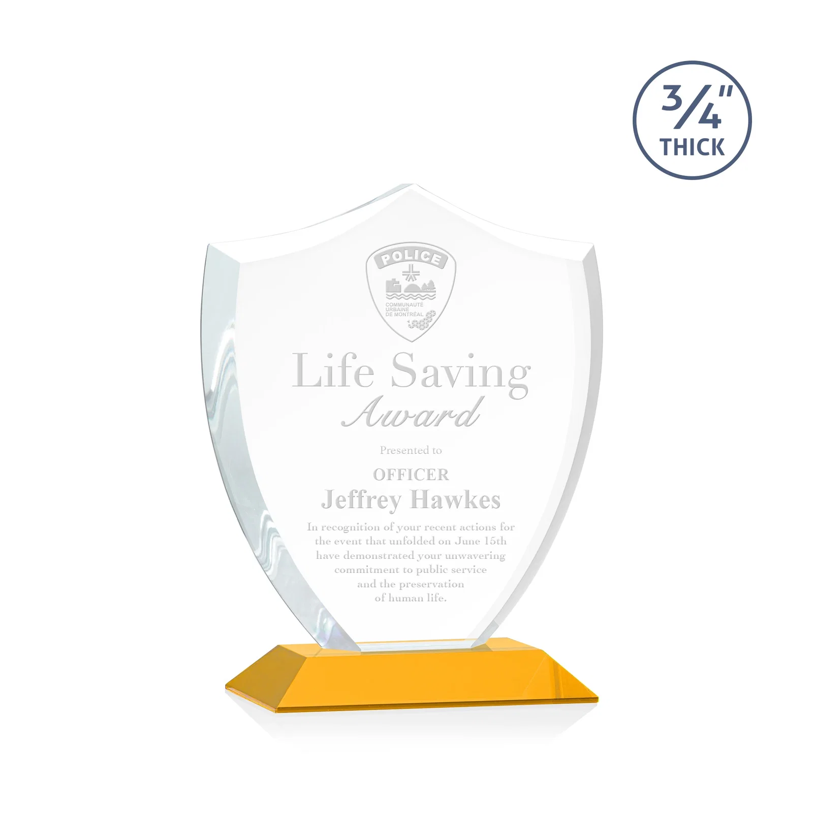 Custom Starfire Crystal Shield Award on Mitered Base, wood awards for donor appreciation